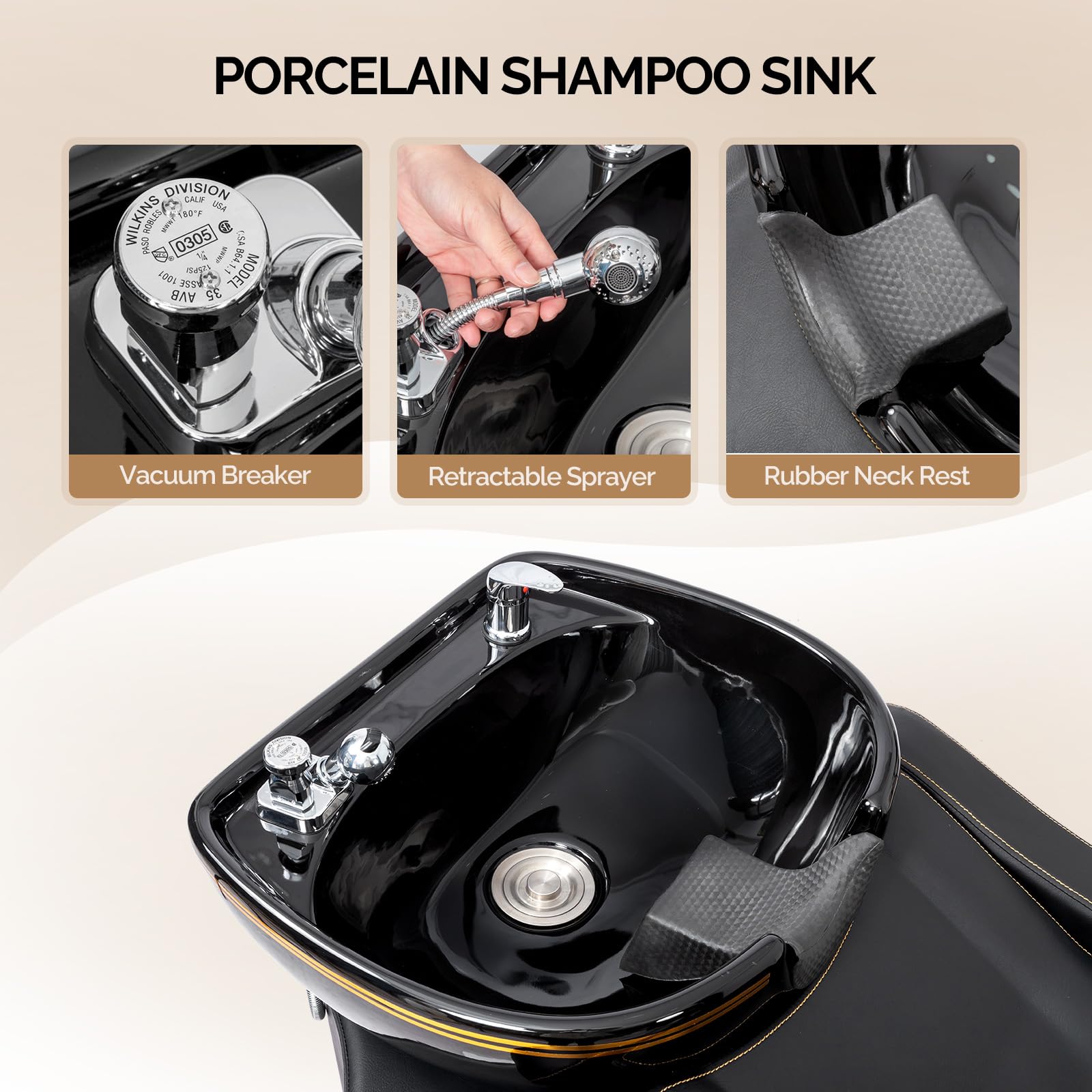 OmySalon BU1301 Salon Shampoo Bowl and Chair Backwash Unit with Extra Large Ceramic Bowl & Freestanding Ottoman