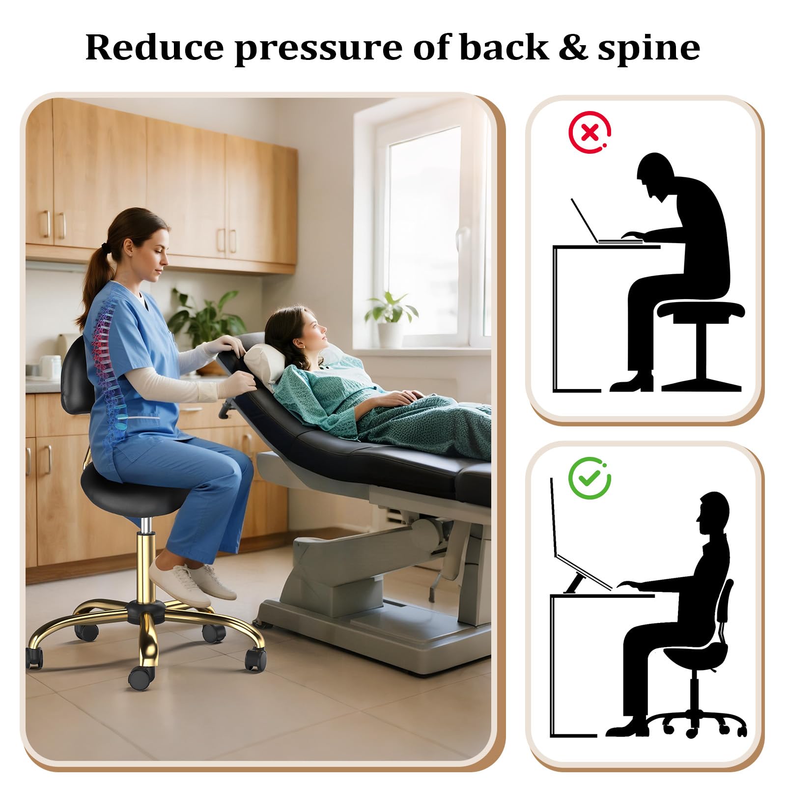 OmySalon Hydraulic Adjustable Rolling Saddle Stool with Back Support