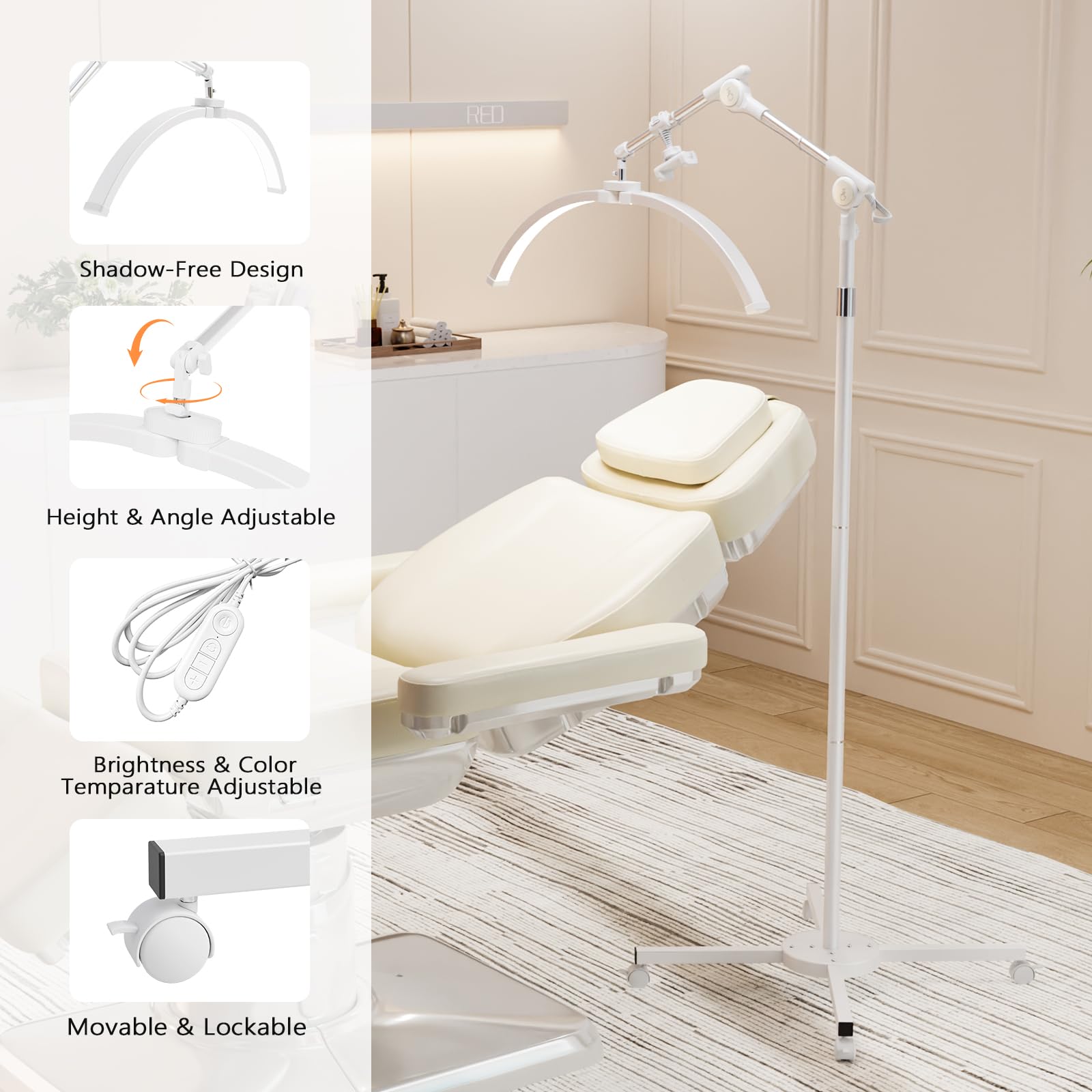 OmySalon Height Adjustable Shadowless Half Moon LED Floor Lamp with 3000-6500K Adjustable Color Temperature, Stepless Dimming & Phone Holder