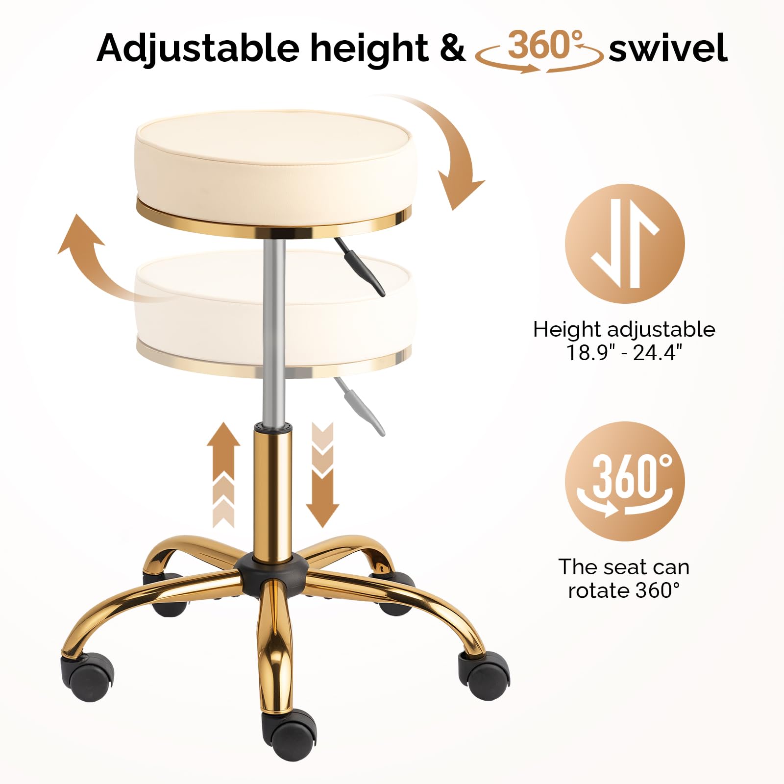 OmySalon Luxury 360° Swivel Hydraulic Adjustable Rolling Round Stool with Wheels