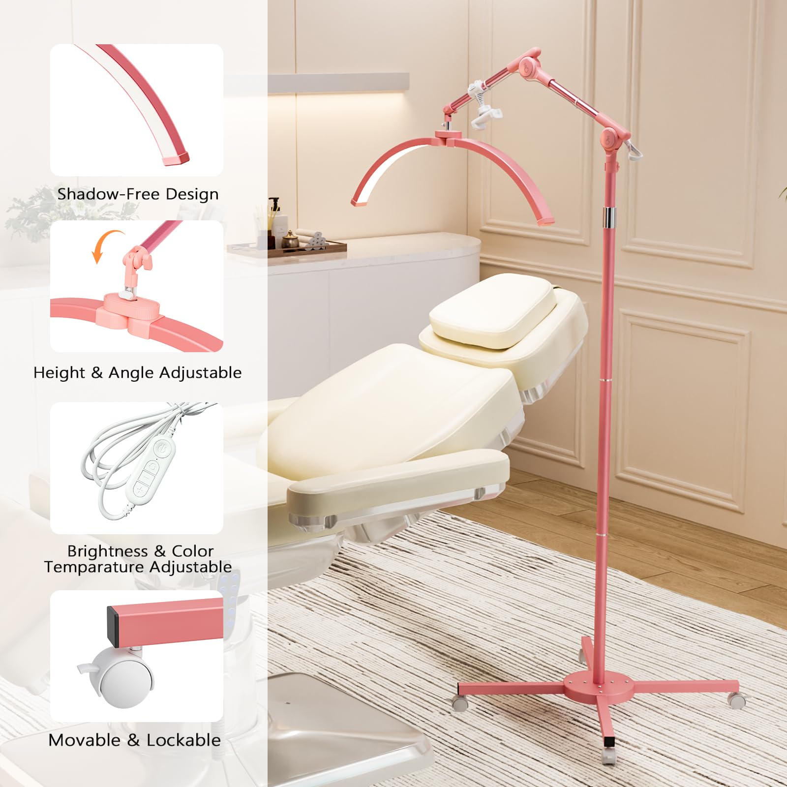 OmySalon Height Adjustable Shadowless Half Moon LED Floor Lamp with 3000-6500K Adjustable Color Temperature, Stepless Dimming & Phone Holder
