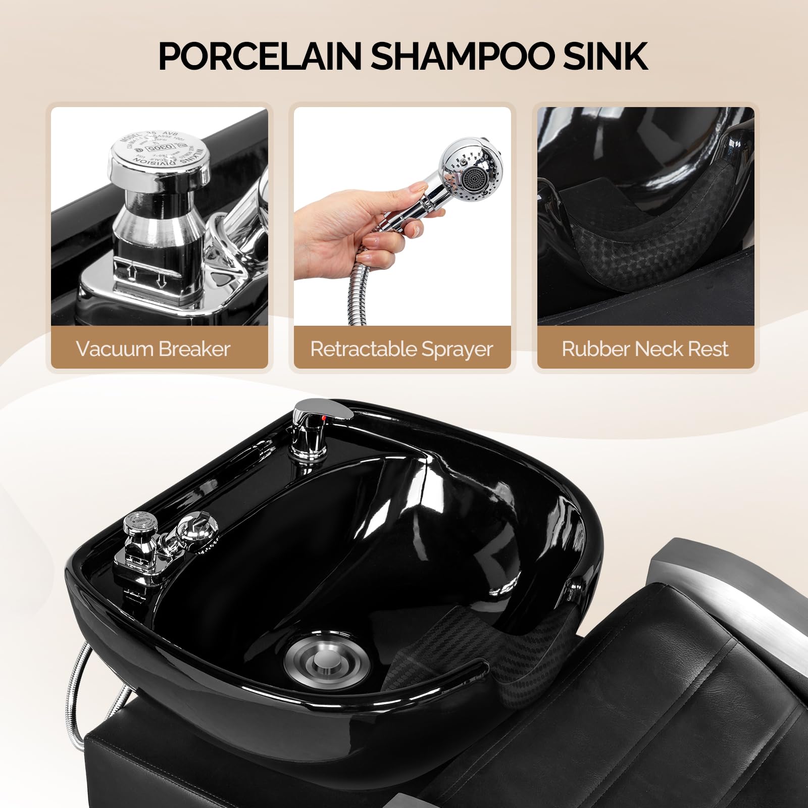 OmySalon BU1501 Salon Shampoo Bowl and Chair Backwash Unit with Ceramic Wash Bowl & Adjustable Footrest