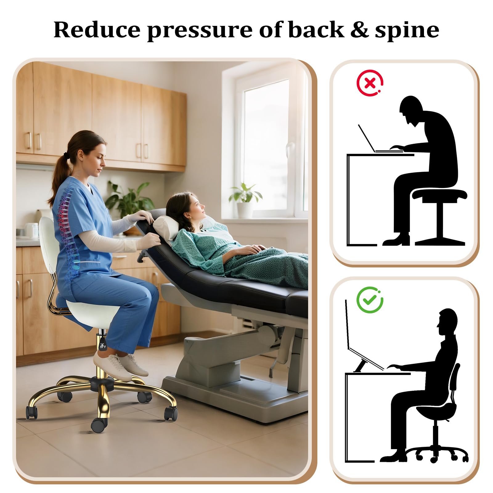 OmySalon Hydraulic Adjustable Rolling Saddle Stool with Back Support