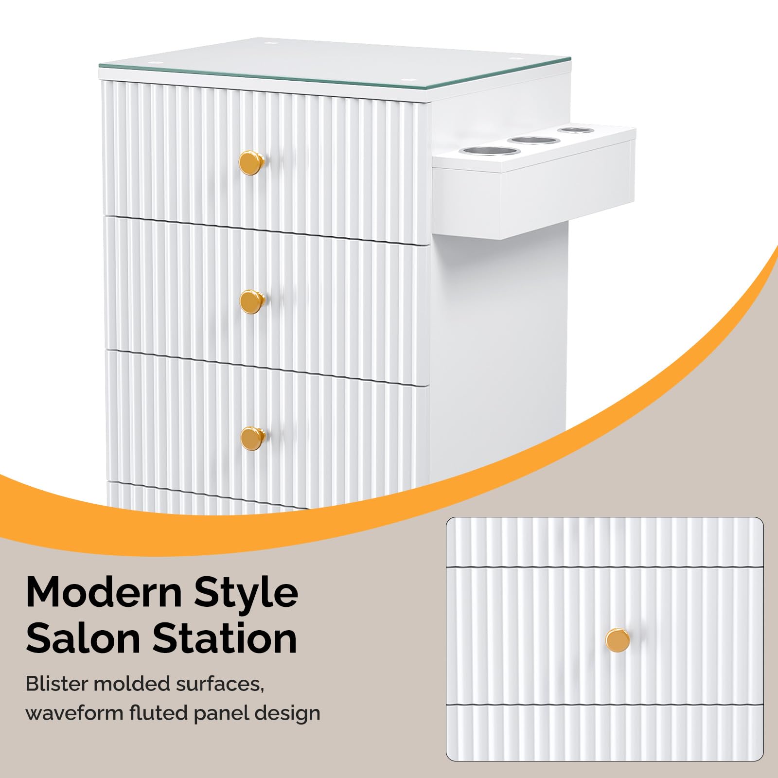 OmySalon SCWG Salon Styling Storage Station with Removable Glass Top & 4 Drawers 3 Hot Tool Holders