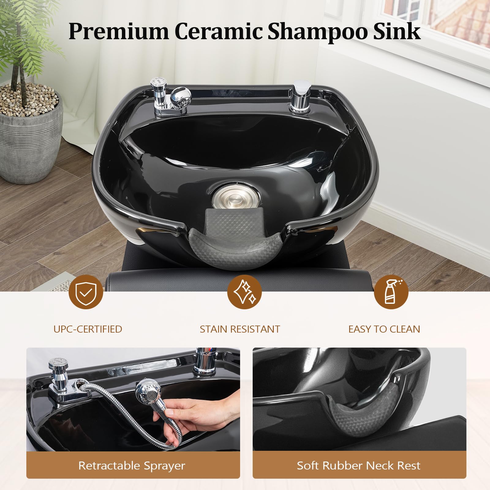 OmySalon BU2401 Salon Shampoo Backwash Chair Unit with Ceramic Shampoo Bowl & Storage Cabinet Station & Independent Footrest