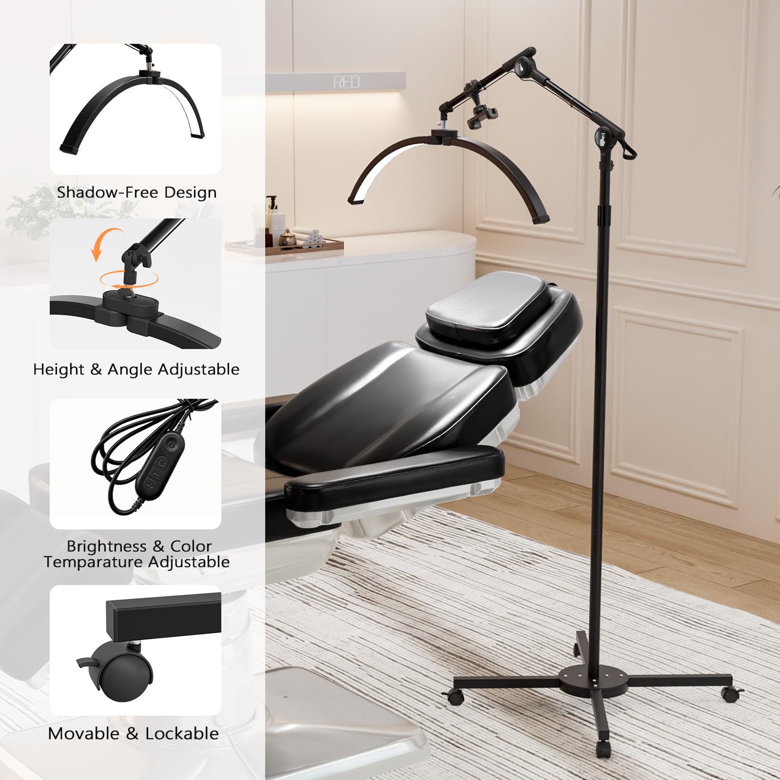 OmySalon Height Adjustable Shadowless Half Moon LED Floor Lamp with 3000-6500K Adjustable Color Temperature, Stepless Dimming & Phone Holder