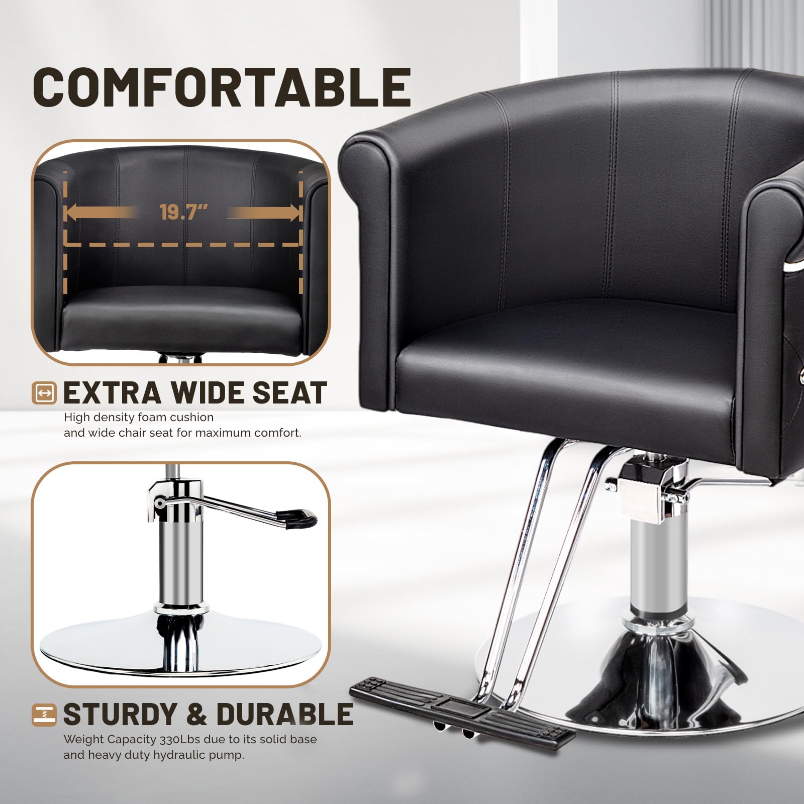 OmySalon SC3101 Modern Heavy Duty Hydraulic Swivel Hair Stylist Salon Chair w/Curved Backrest and Acrylic Button Accents