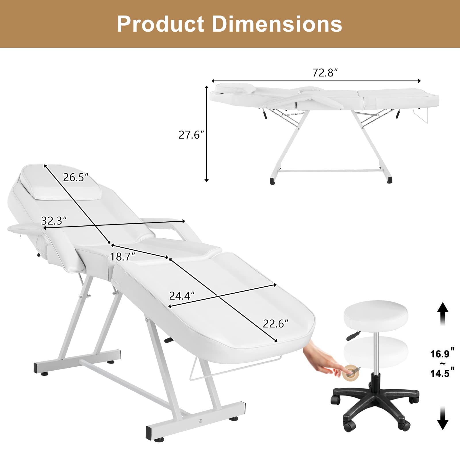 OmySalon 73in Adjustable Facial Massage Bed w/Hydraulic Rotating Stool