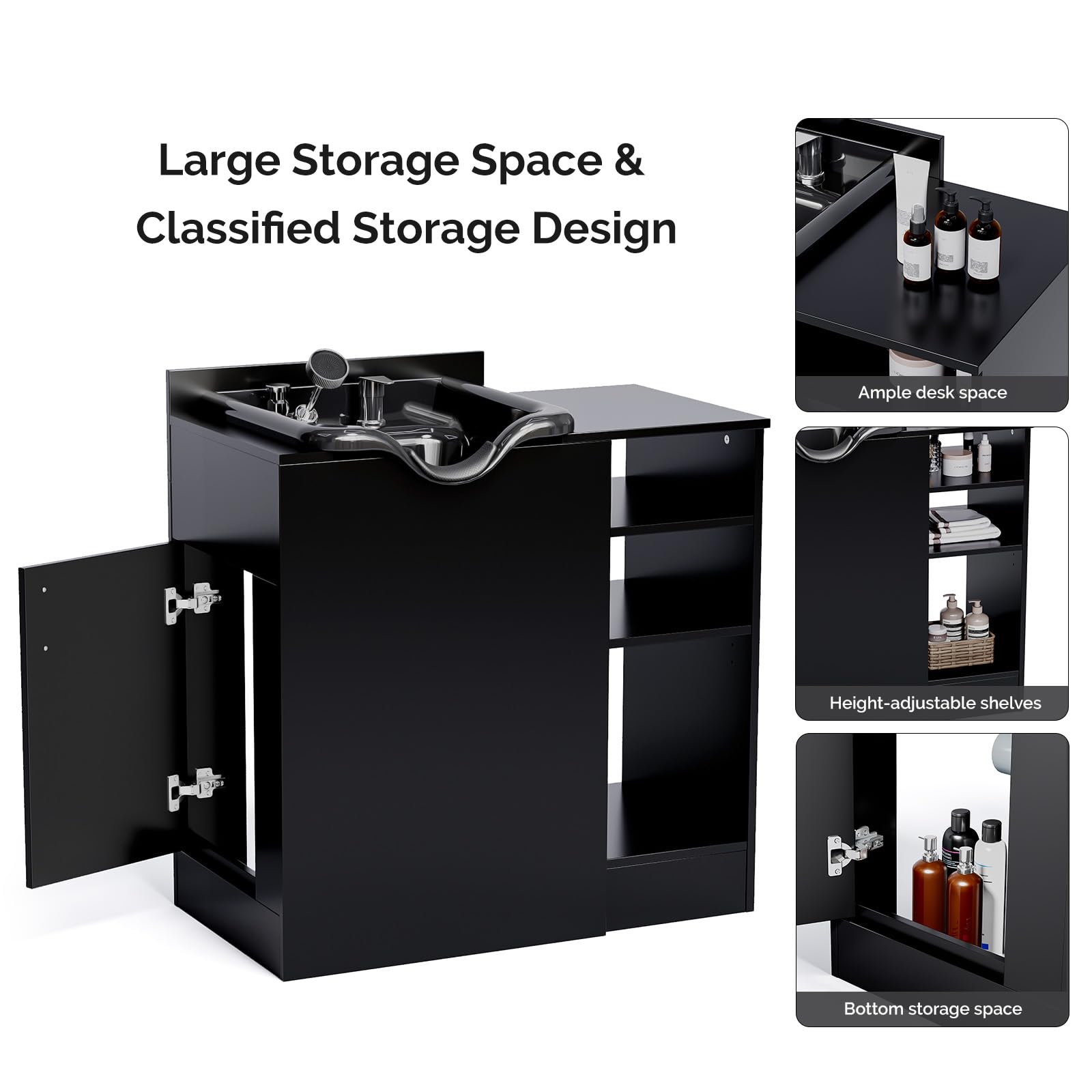 Omysalon HWCOC Salon Wet Cabinet Station with Shampoo Bowl & Adjustable Shelves & Sprayer Faucet