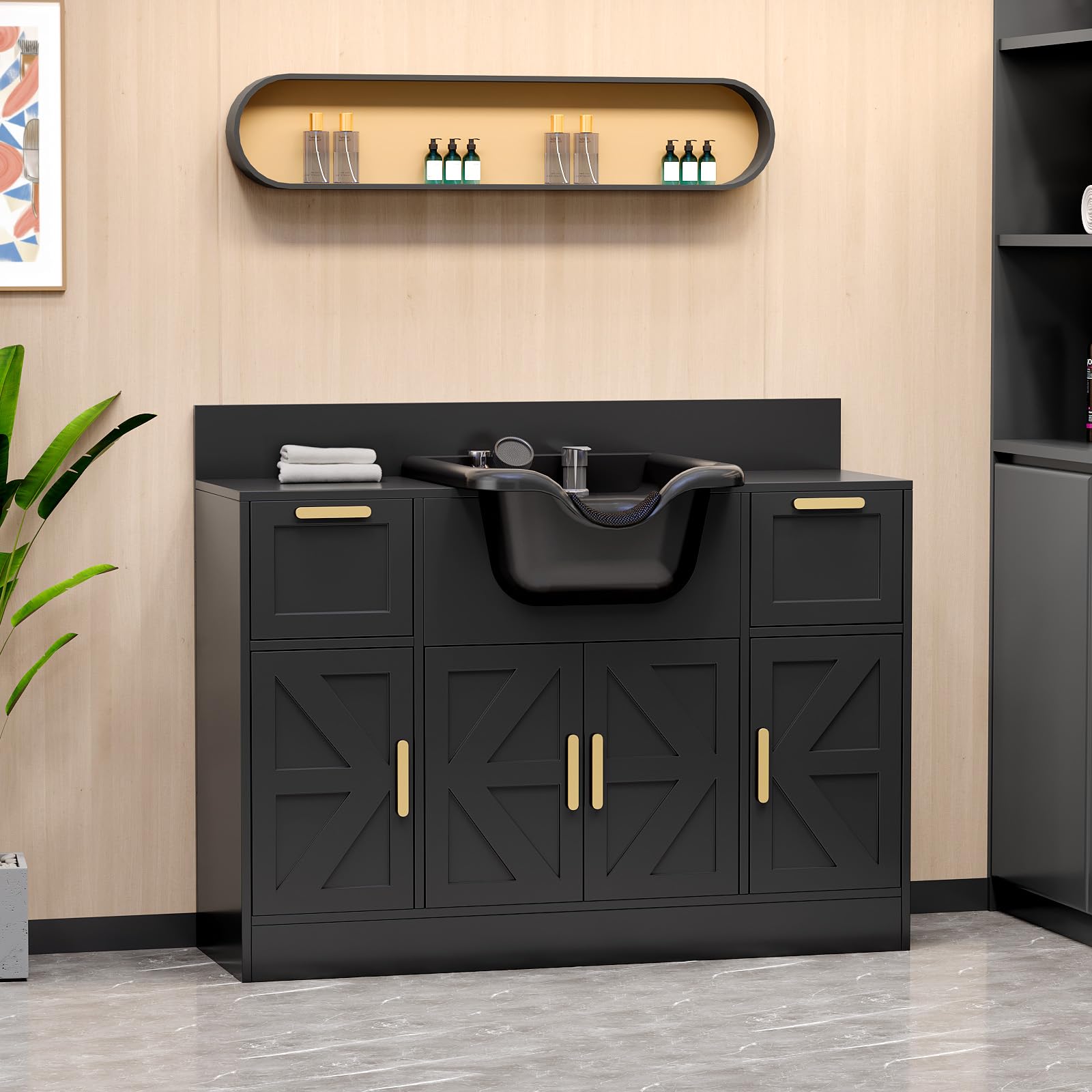 Omysalon SCWSB Freestanding Salon Wet Cabinet Station with Storage Drawers, Shampoo Bowl & Geometric Finish