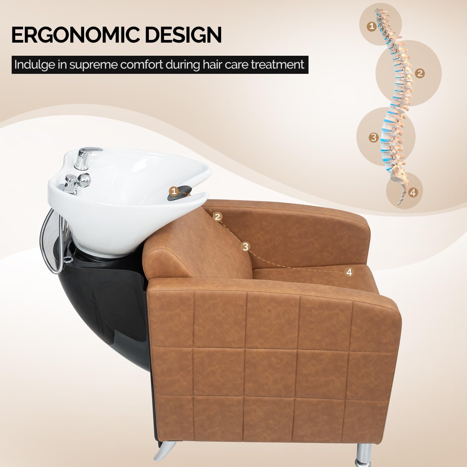 OmySalon BU1401 Salon Shampoo Bowl and Chair Backwash Unit with Extra Wide Seat & Porcelain Hair Washing Sink