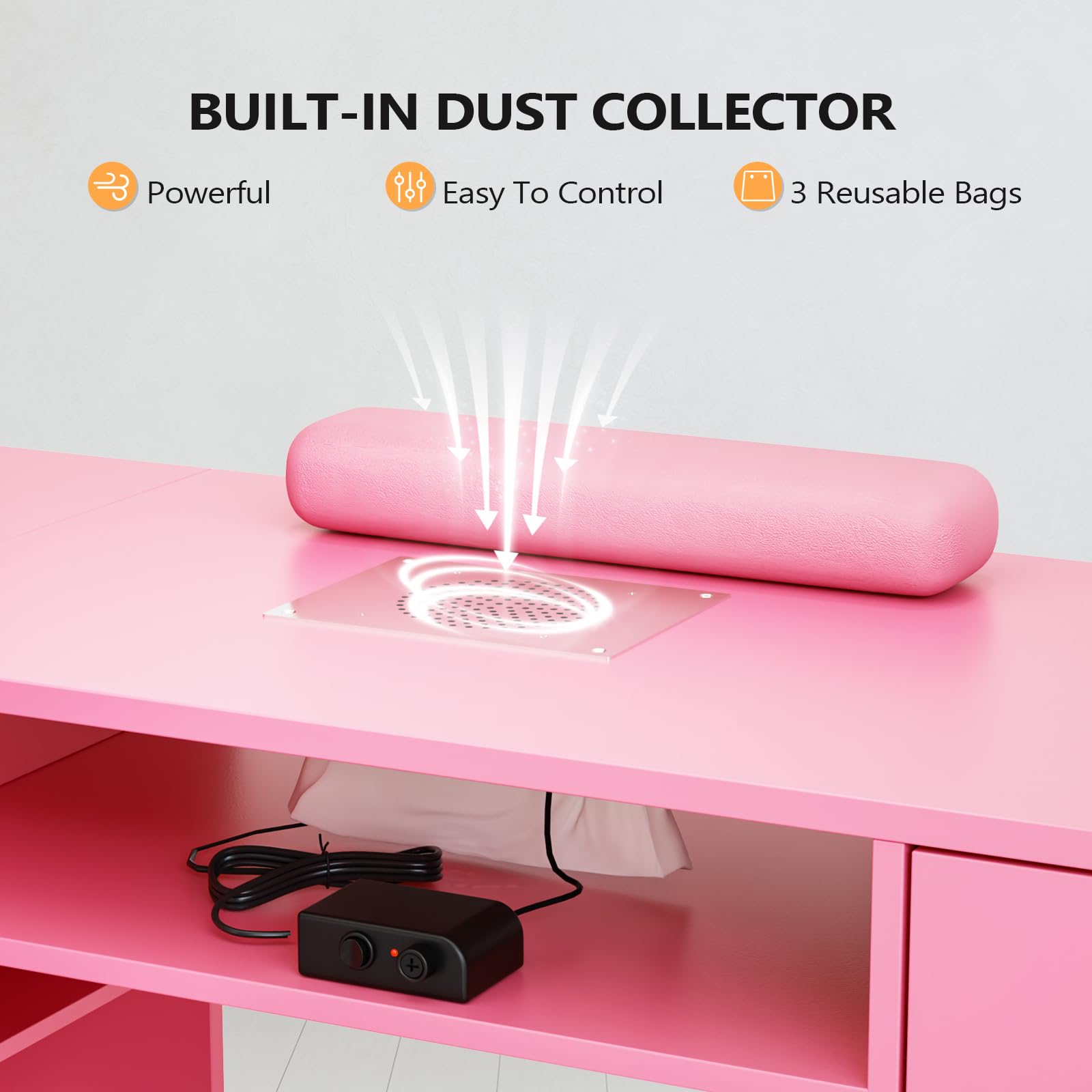 OmySalon MT-LS 52" L Shaped Nail Manicure Table w/Polish Display Rack & Electric Dust Collector & Wrist Rest