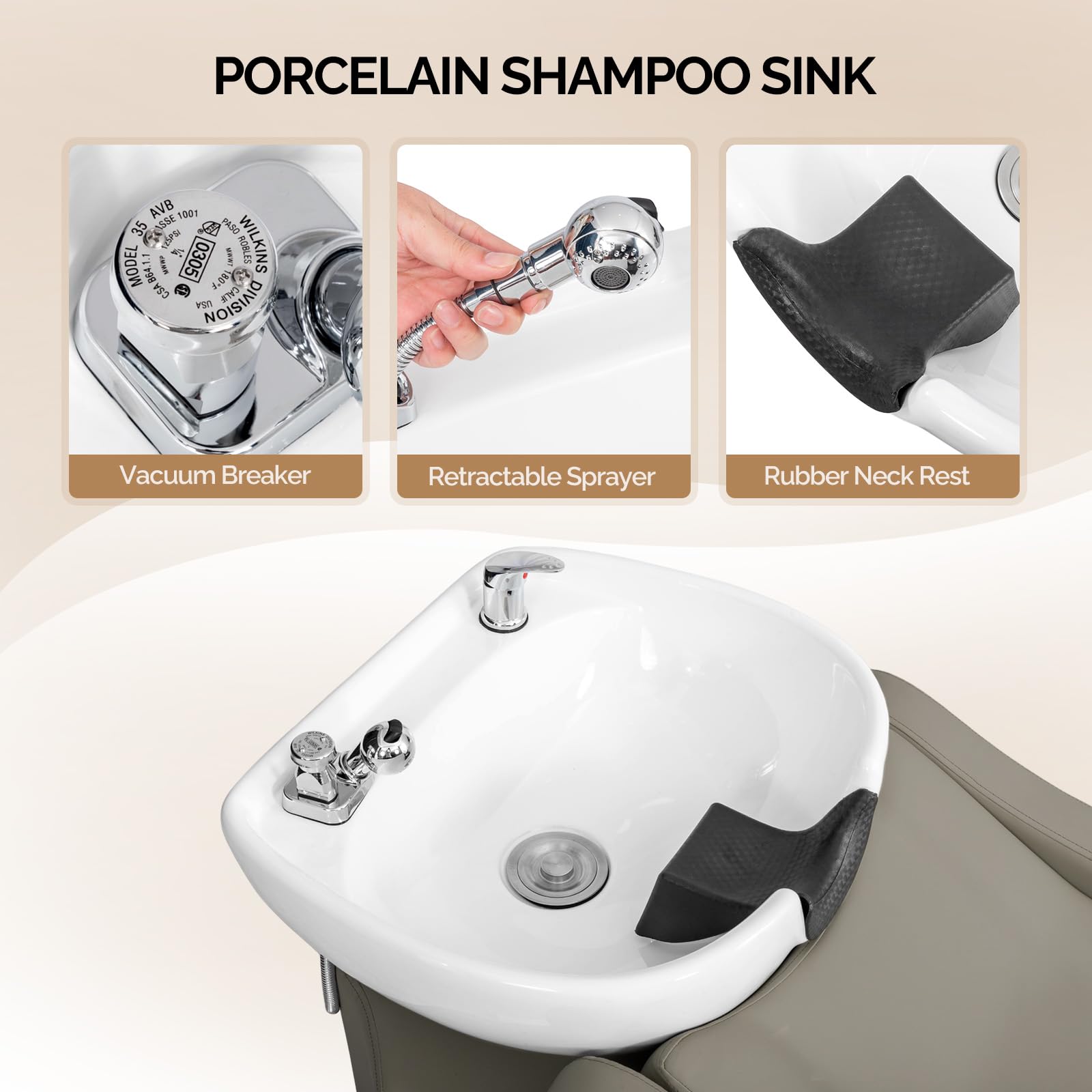 OmySalon BU1301 Salon Shampoo Bowl and Chair Backwash Unit with Extra Large Ceramic Bowl & Freestanding Ottoman
