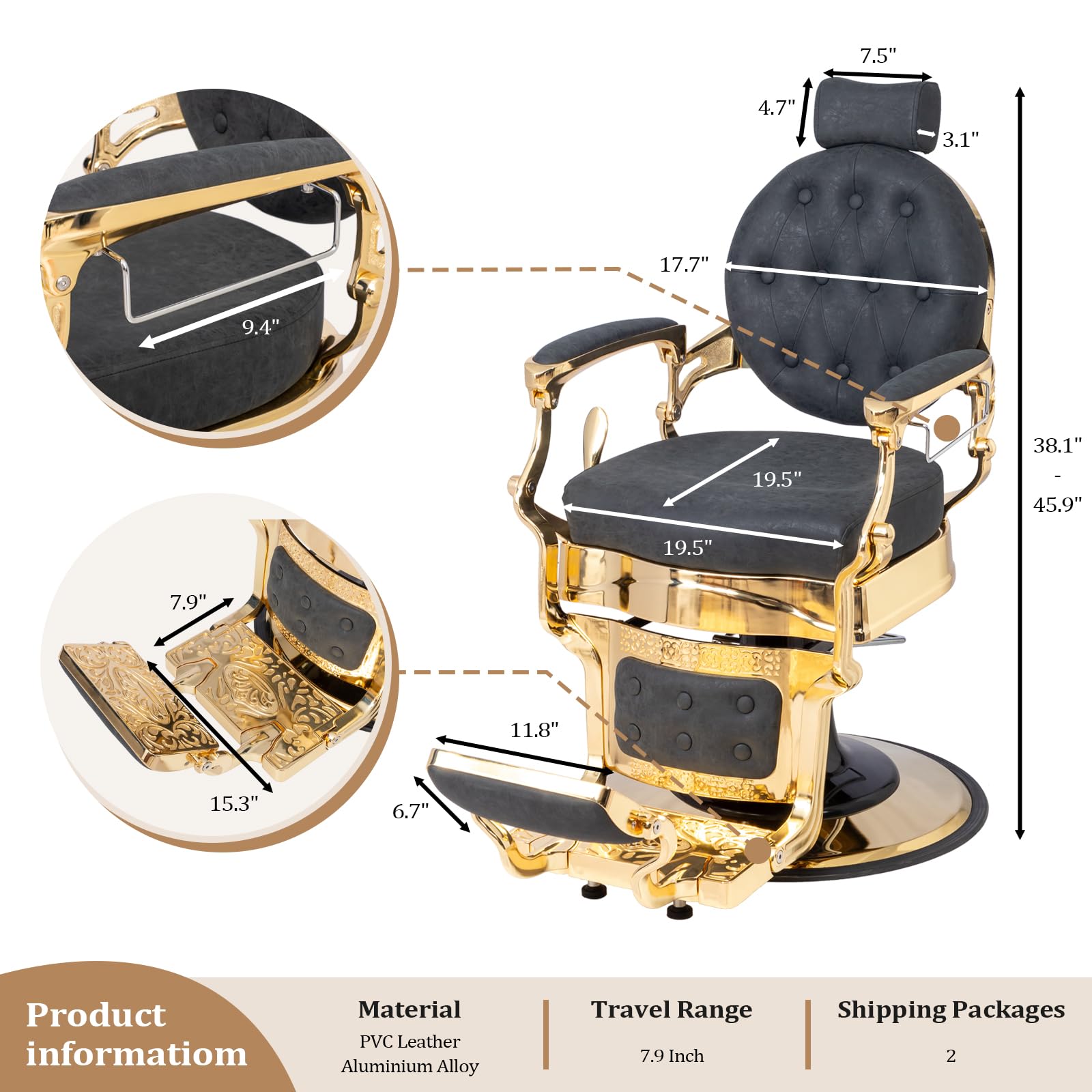 OmySalon BC1601 Vintage Style Heavy Duty Hydraulic Recline Barber Chair