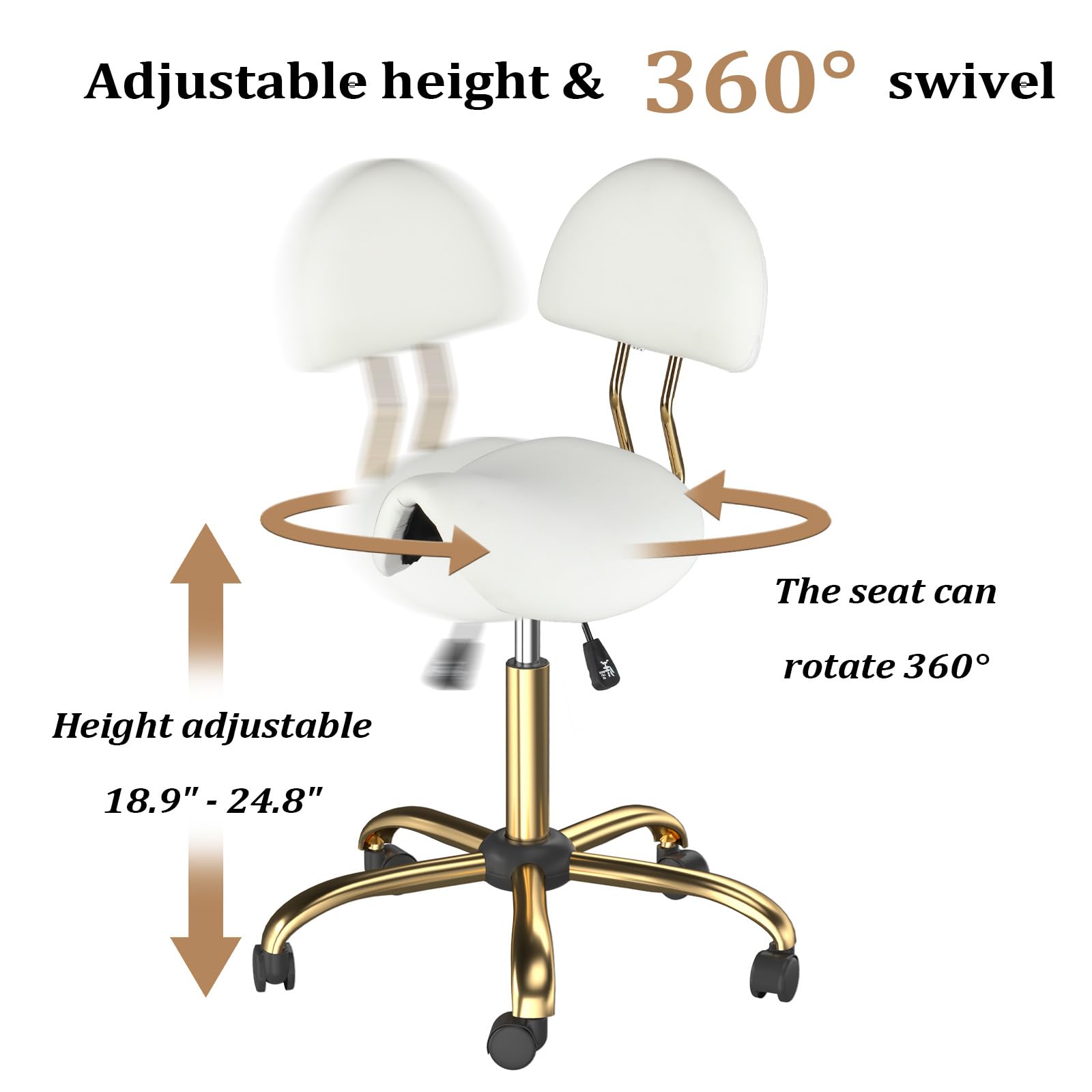 OmySalon Hydraulic Adjustable Rolling Saddle Stool with Back Support