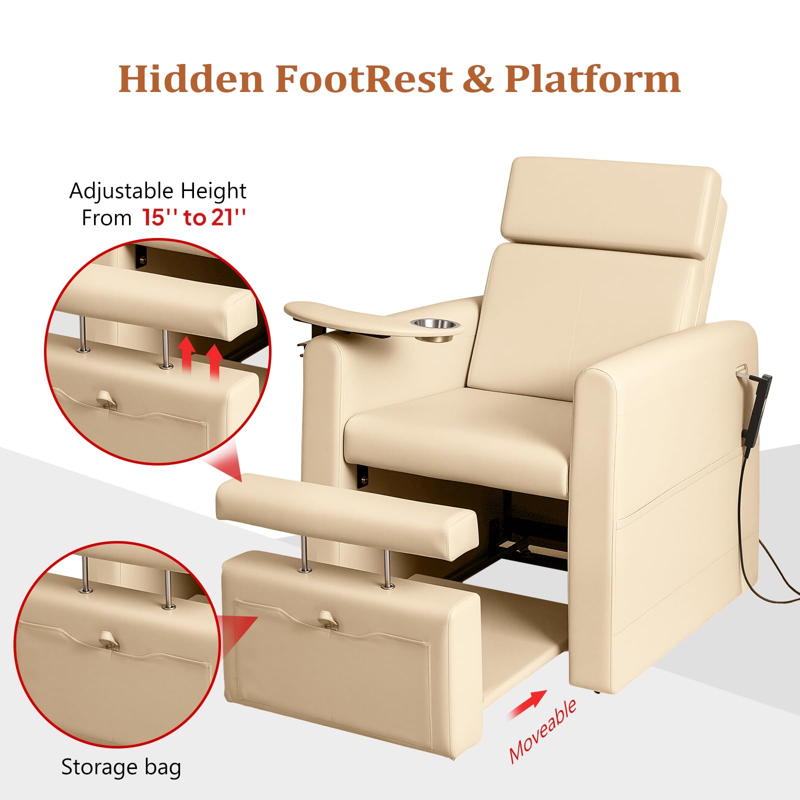 OmySalon PCE-WR Professional Full-Floor Support Electric Pedicure Chair with Adjustable Backrest & Hidden Storage Platfo