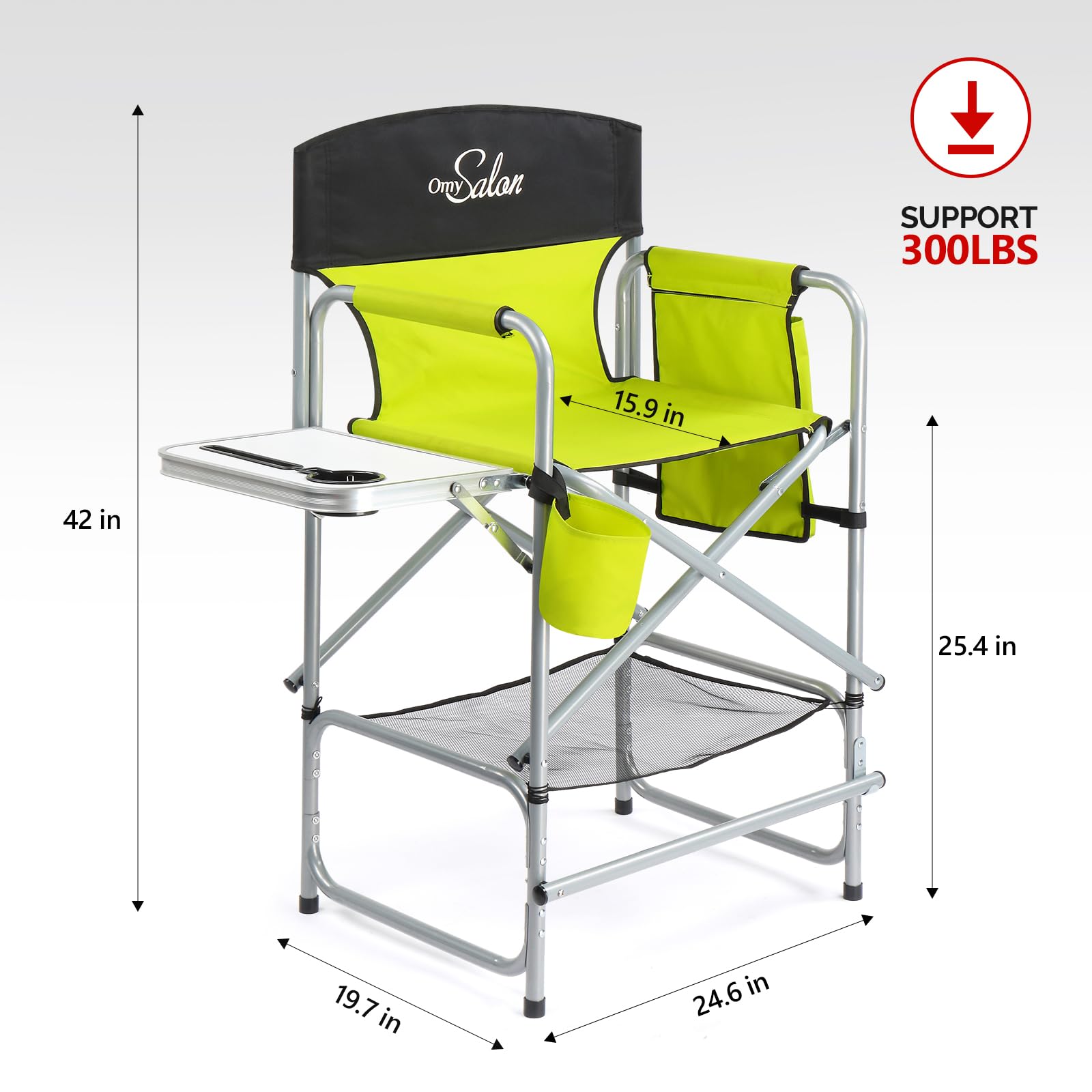 OmySalon 25in Portable Folding Director Chair with Retractable Side Tables & Side Bags
