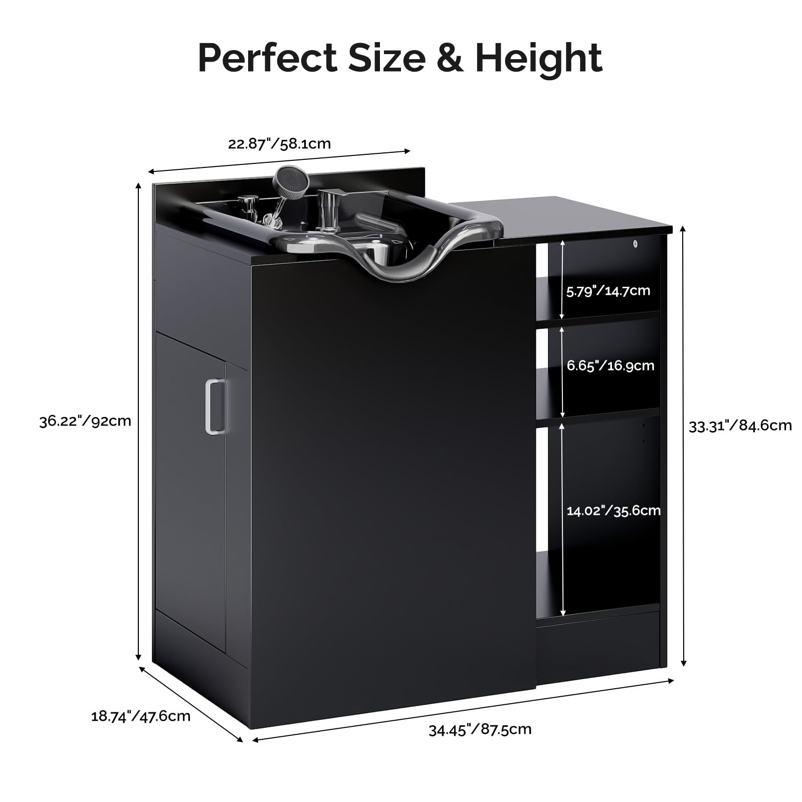 Omysalon HWCOC Salon Wet Cabinet Station with Shampoo Bowl & Adjustable Shelves & Sprayer Faucet