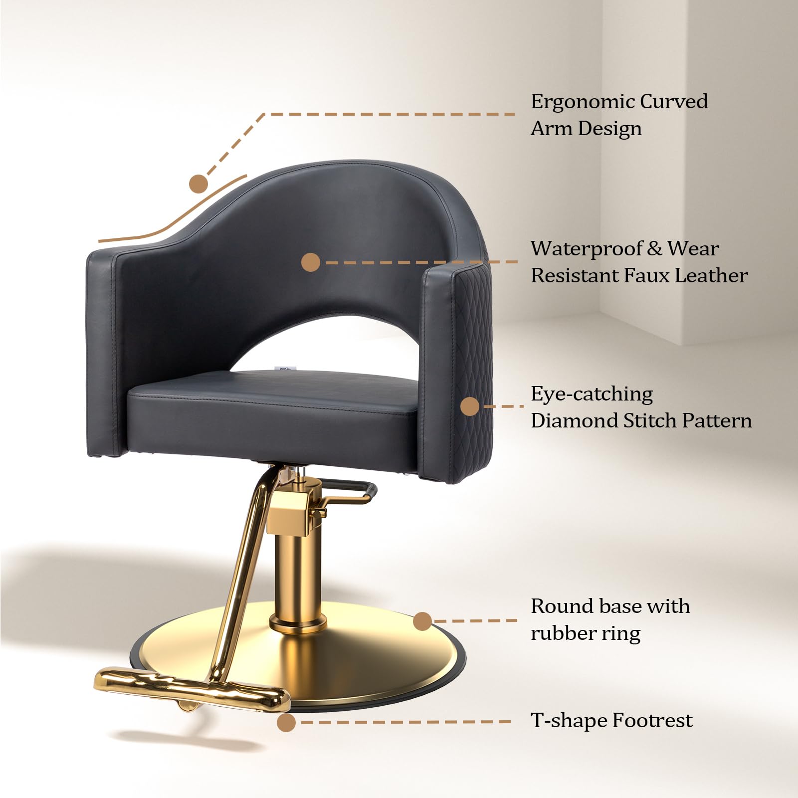 OmySalon SC3401 Heavy Duty 360° Swivel Styling Chair with Rhombus Stitch Pattern Back & Gold Footrest