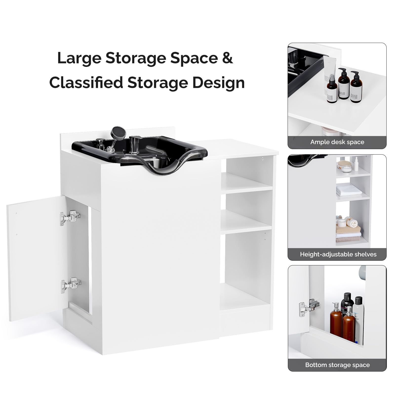 Omysalon HWCOC Salon Wet Cabinet Station with Shampoo Bowl & Adjustable Shelves & Sprayer Faucet