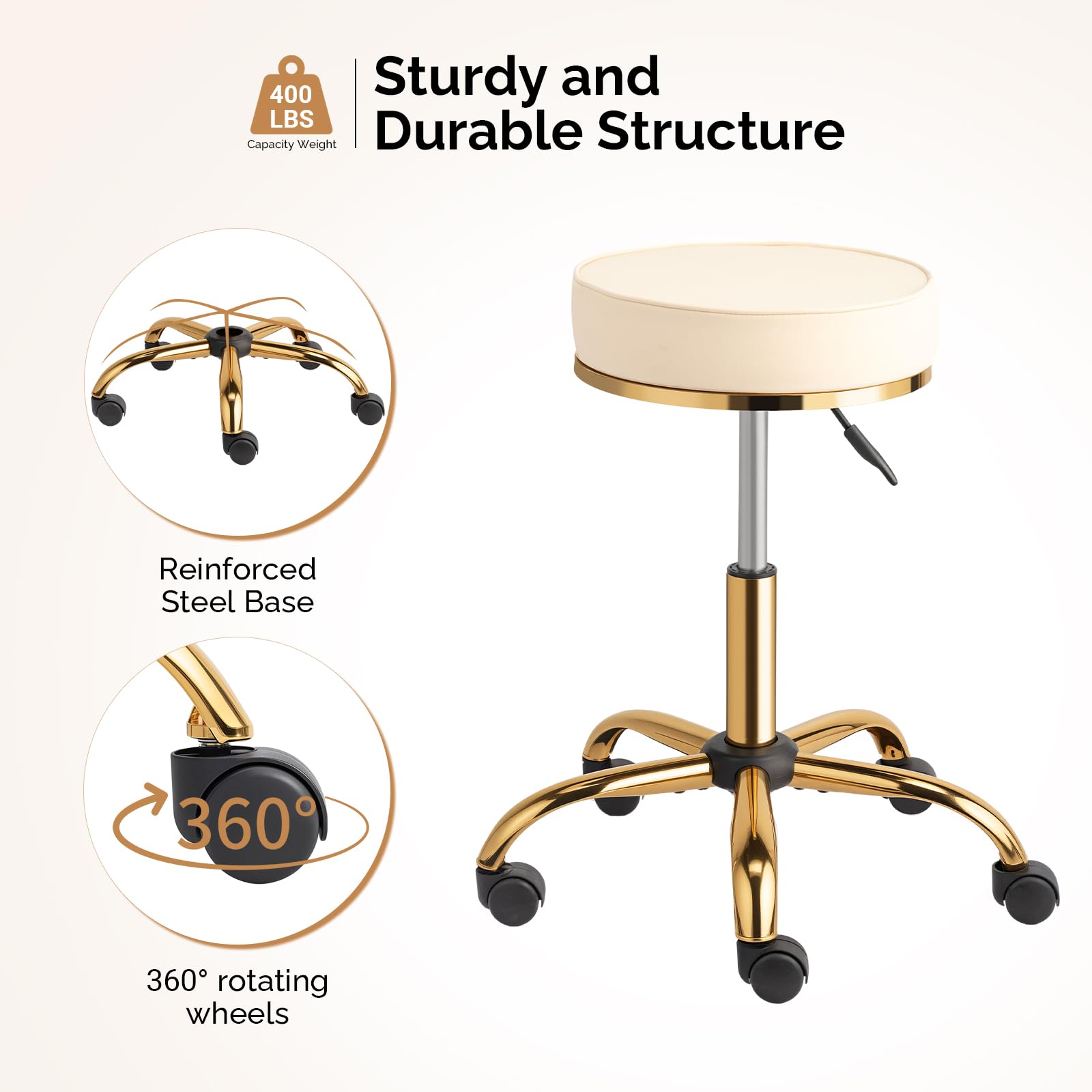 OmySalon Luxury 360° Swivel Hydraulic Adjustable Rolling Round Stool with Wheels