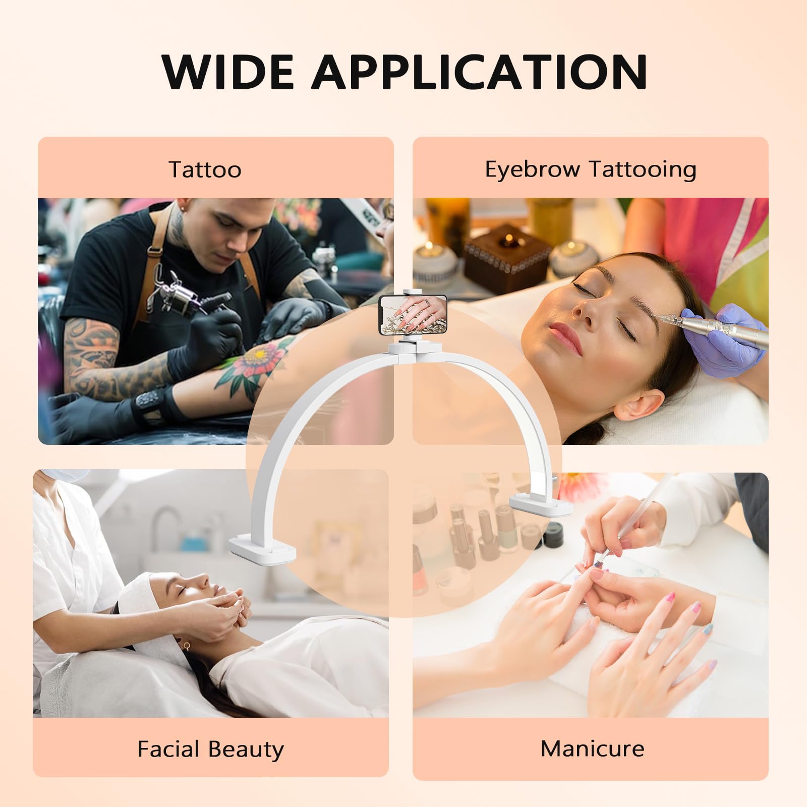 OmySalon 29" Foldable Shadowless Half Moon LED Nail Lamp with 3000-6500K Adjustable Color Temperature, Stepless Dimming & Phone Holder