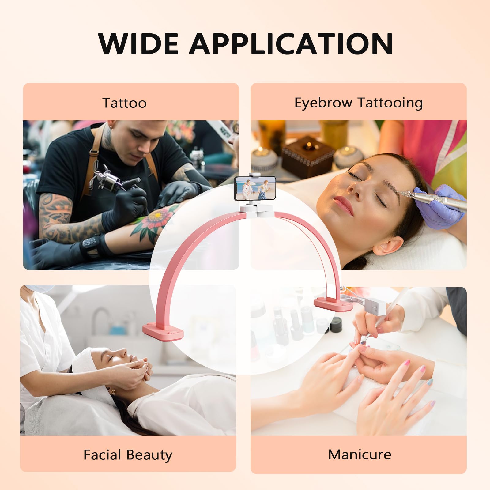 OmySalon 29" Foldable Shadowless Half Moon LED Nail Lamp with 3000-6500K Adjustable Color Temperature, Stepless Dimming & Phone Holder