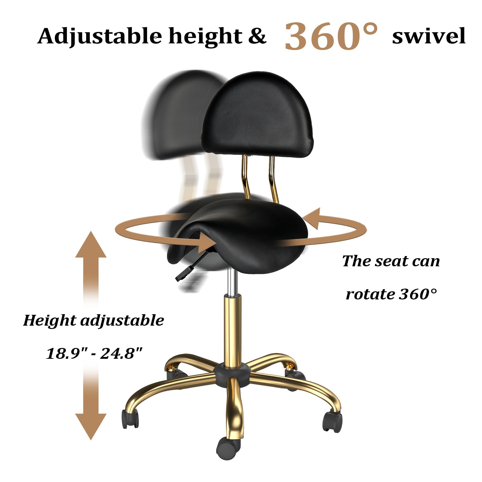 OmySalon Hydraulic Adjustable Rolling Saddle Stool with Back Support