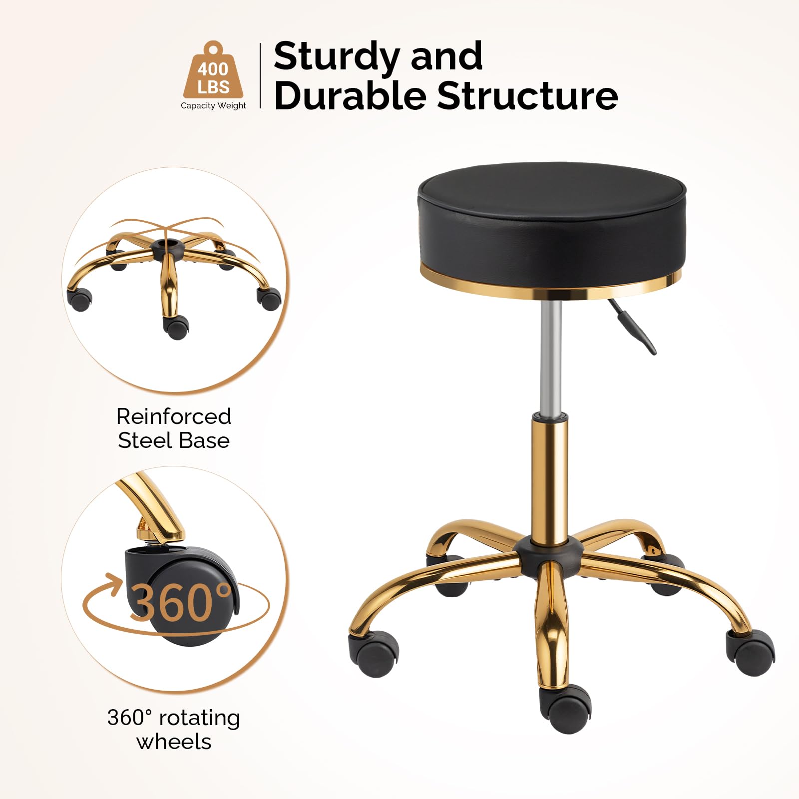 OmySalon Luxury 360° Swivel Hydraulic Adjustable Rolling Round Stool with Wheels