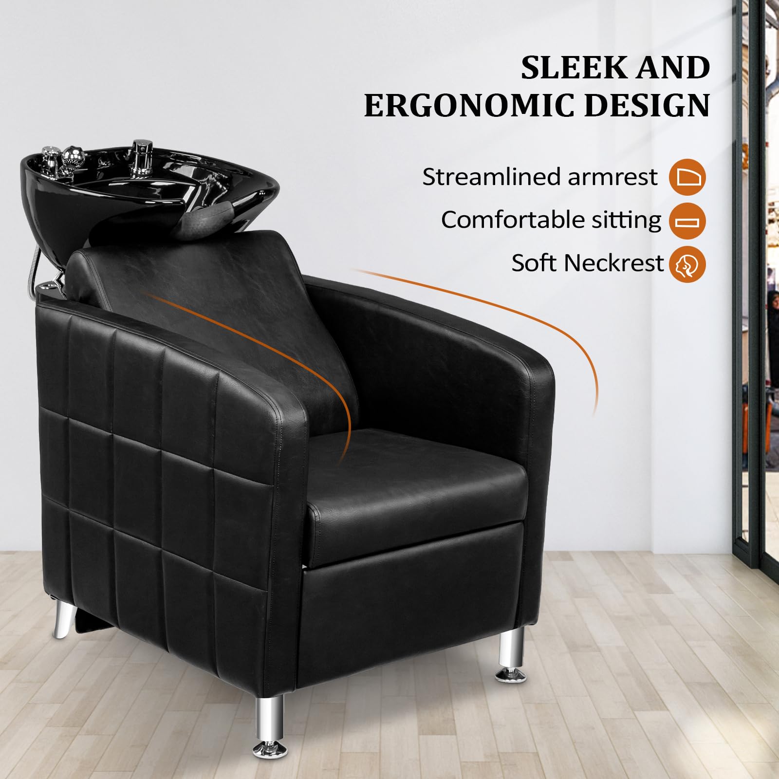 OmySalon BU1401 Salon Shampoo Bowl and Chair Backwash Unit with Extra Wide Seat & Porcelain Hair Washing Sink
