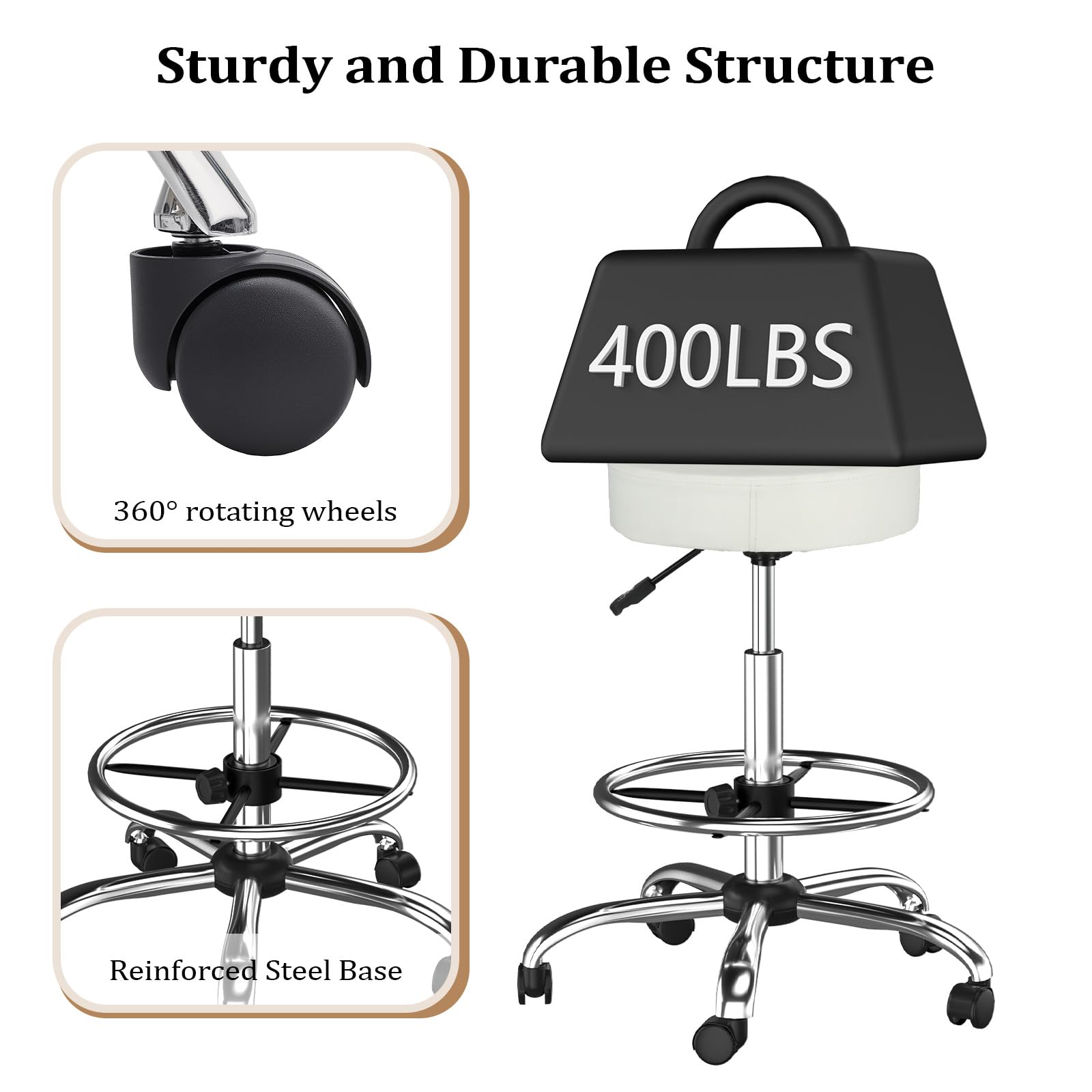 OmySalon Adjustable Thick Seat Cushion Rolling Stool with Back Support & Footrest