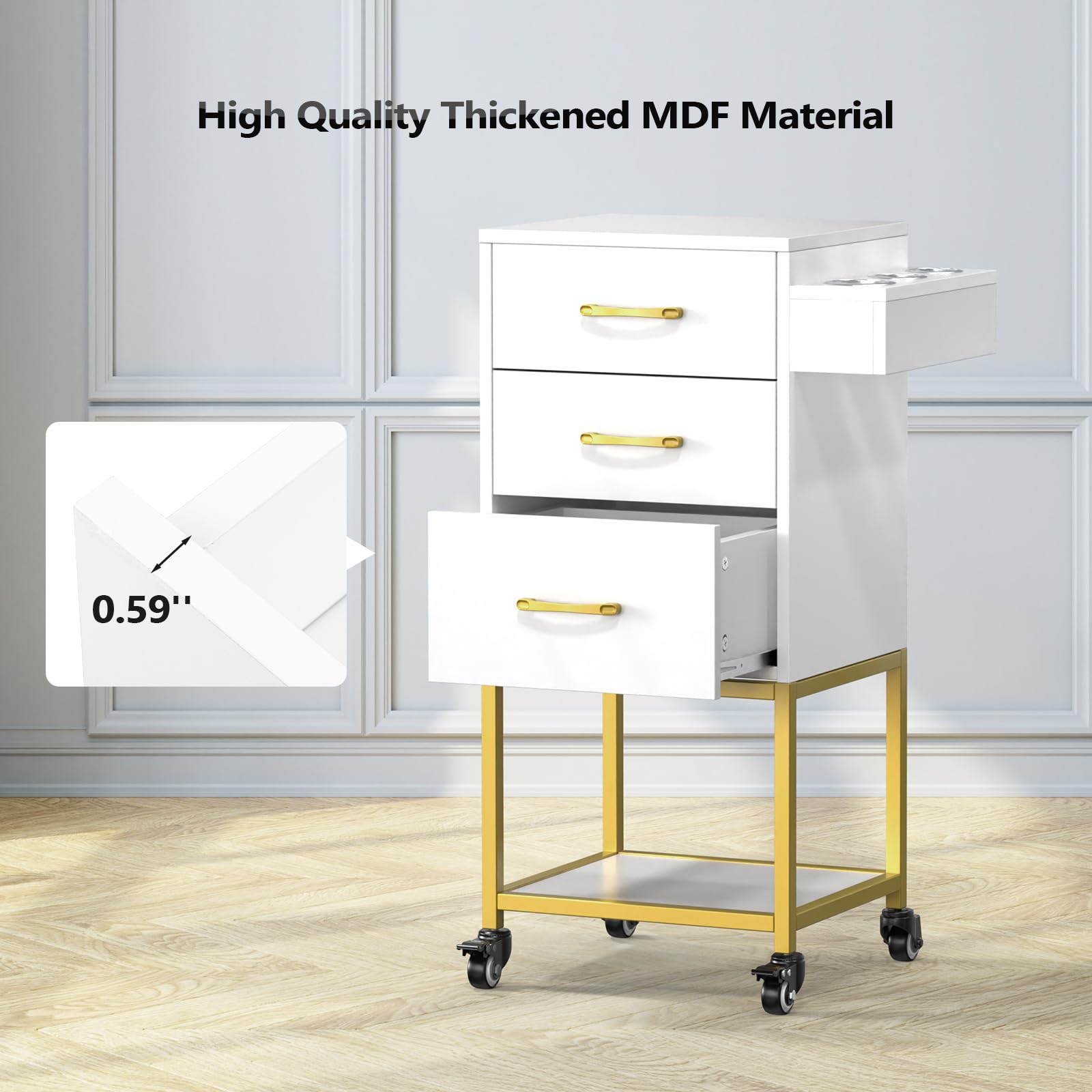 OmySalon ST-2501 Wooden Rolling Storage Trolley Cart w/Wheels & 3 Dreawers 1 Bottom Compartment Plate Hair Dryer Holders