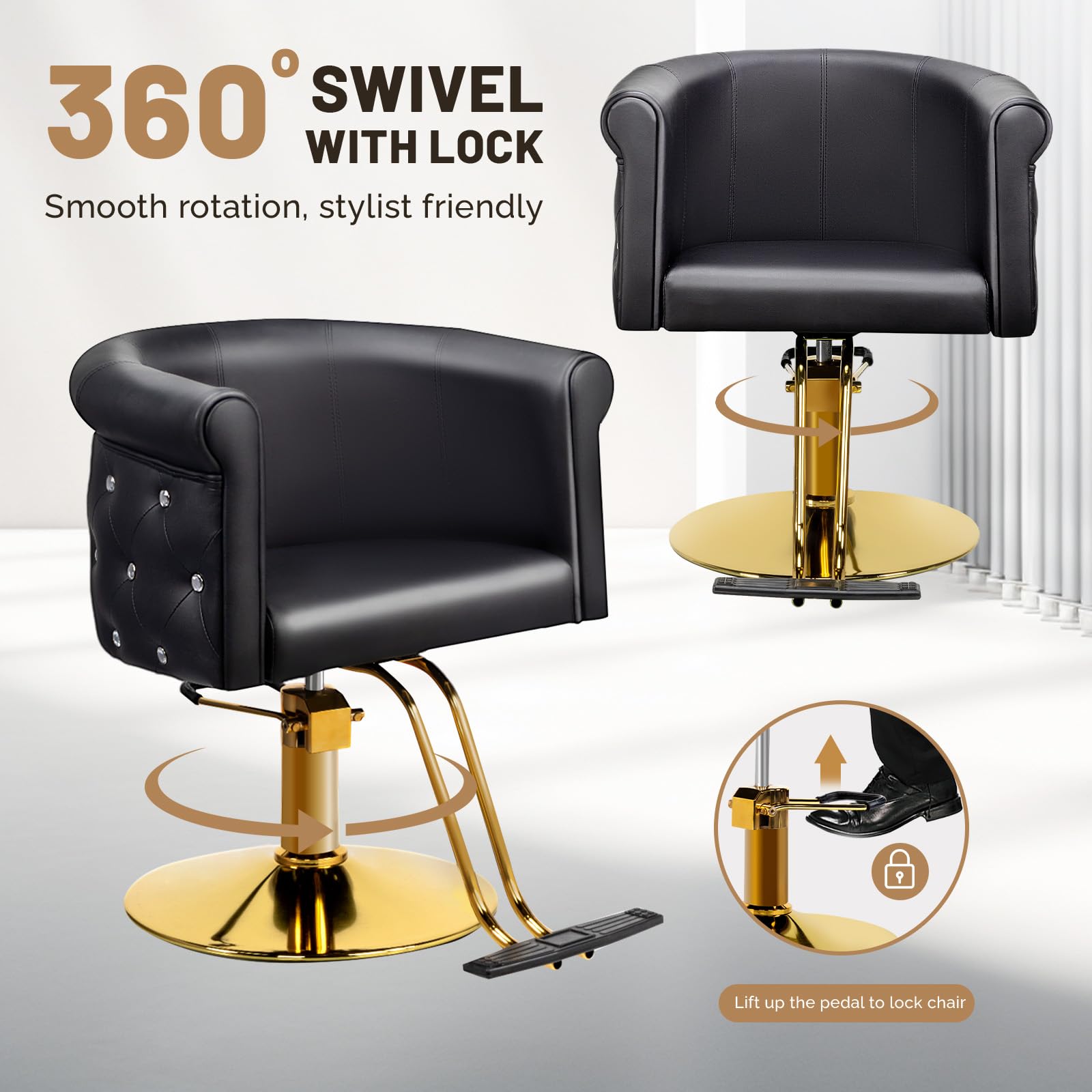 OmySalon SC3101 Modern Heavy Duty Hydraulic Swivel Hair Stylist Salon Chair w/Curved Backrest and Acrylic Button Accents