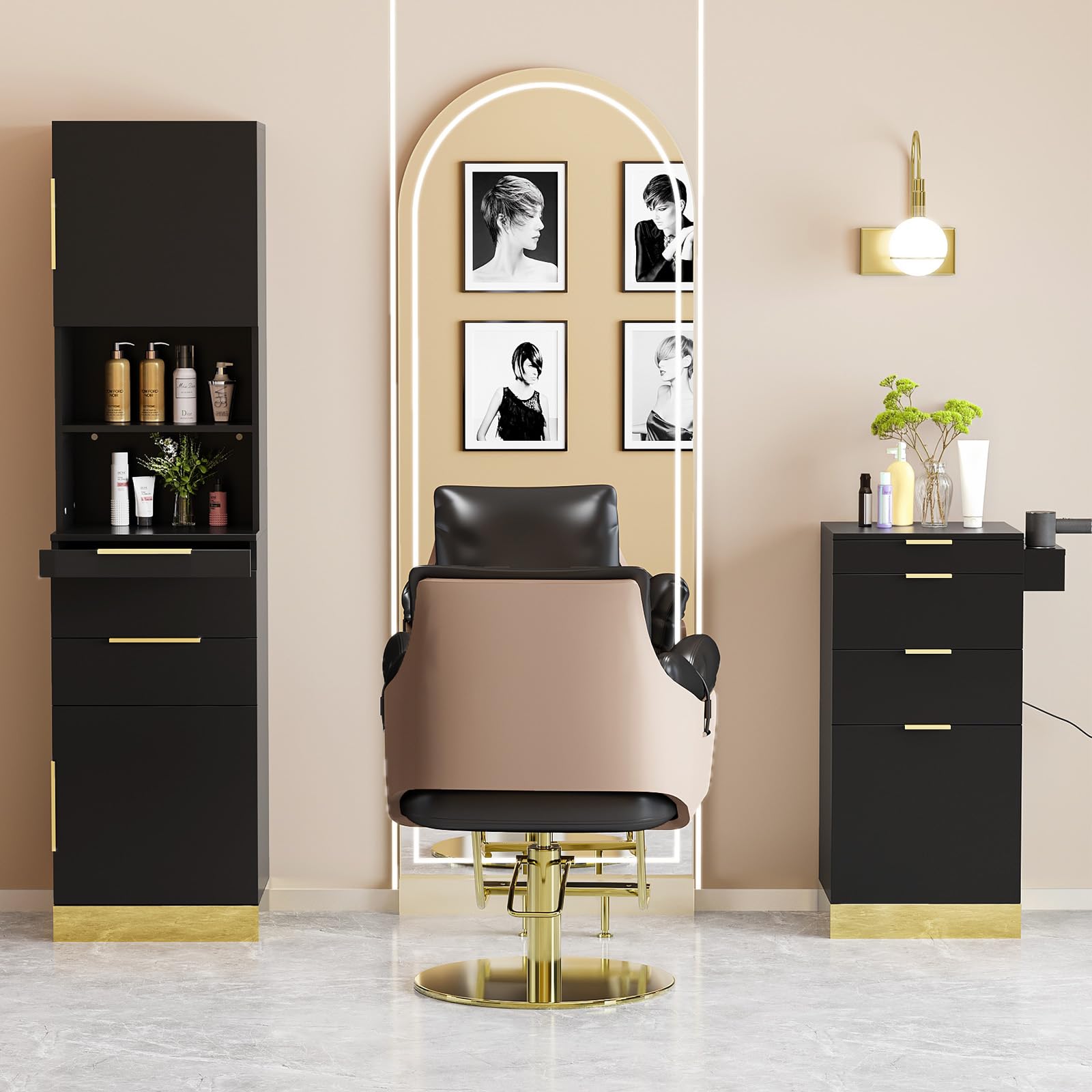 OmySalon HSCS Barber Storage Station Cabinet with 2 Drawers 2 Cabinets 2 Open Shelves 3 Hair Dryer Holders