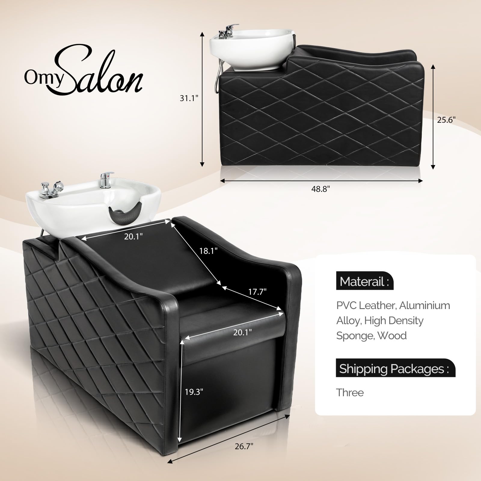 OmySalon BU1701 Salon Shampoo Bowl and Chair Backwash Unit with Large Ceramic Bowl & Freestanding Ottoman