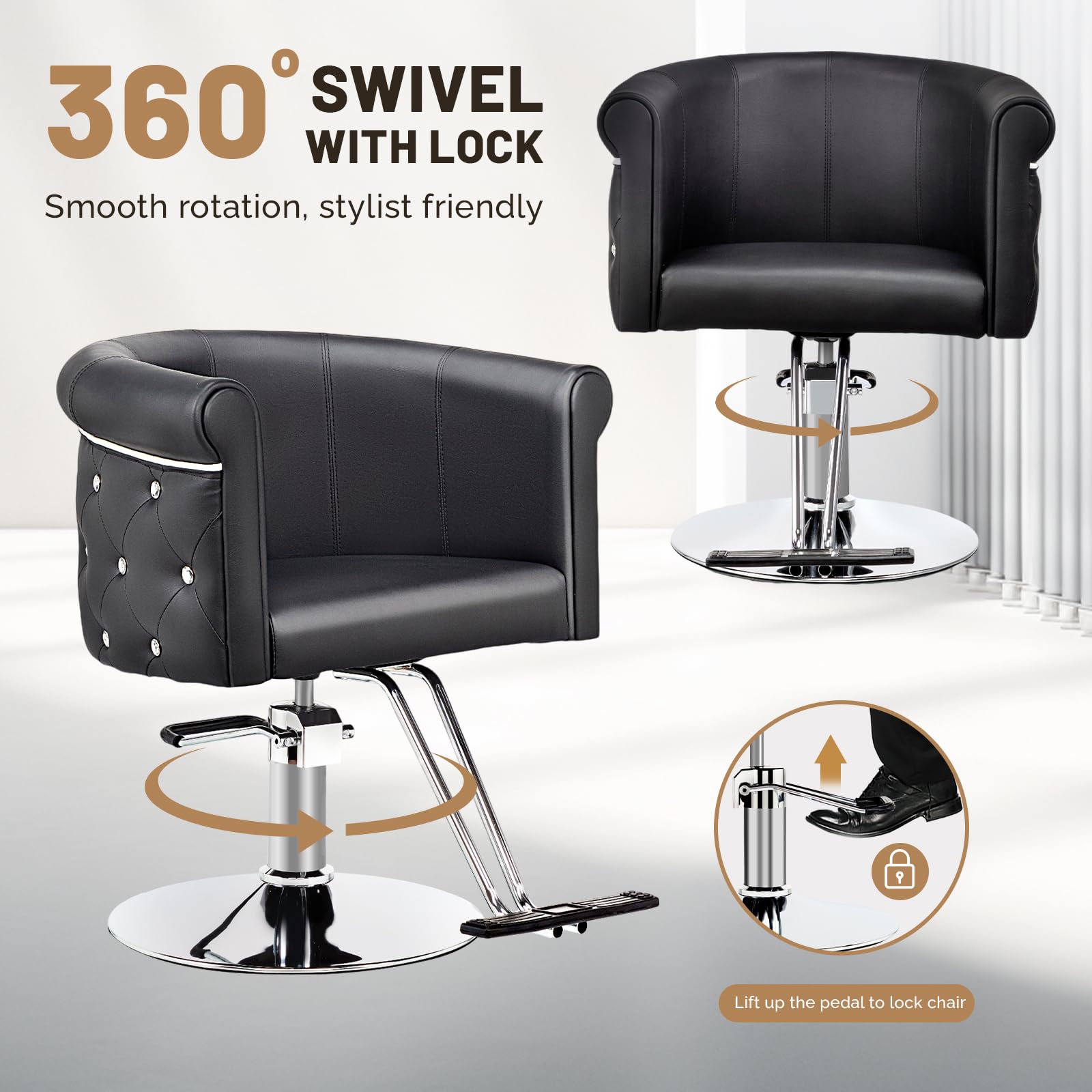 OmySalon SC3101 Modern Heavy Duty Hydraulic Swivel Hair Stylist Salon Chair w/Curved Backrest and Acrylic Button Accents
