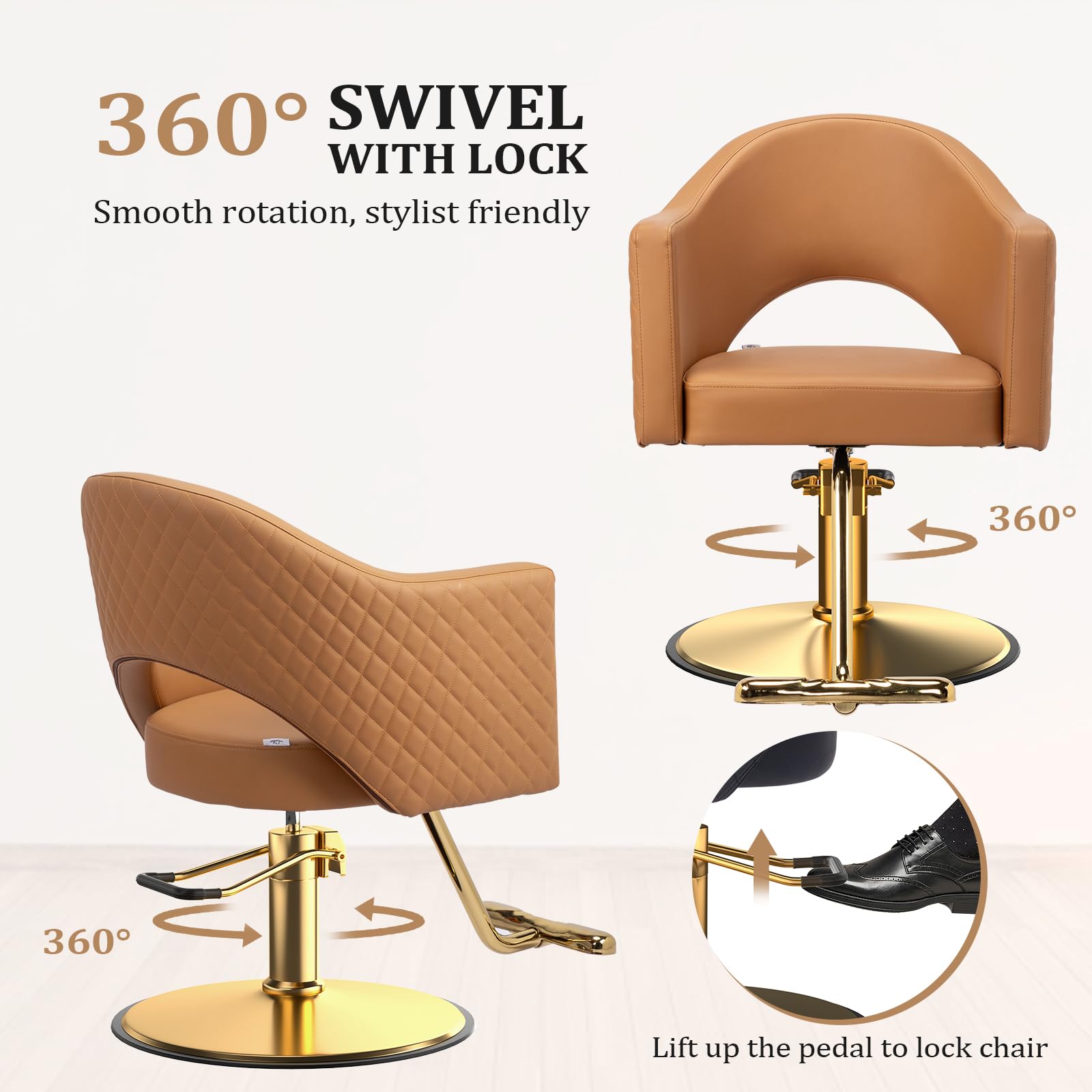 OmySalon SC3401 Heavy Duty 360° Swivel Styling Chair with Rhombus Stitch Pattern Back & Gold Footrest