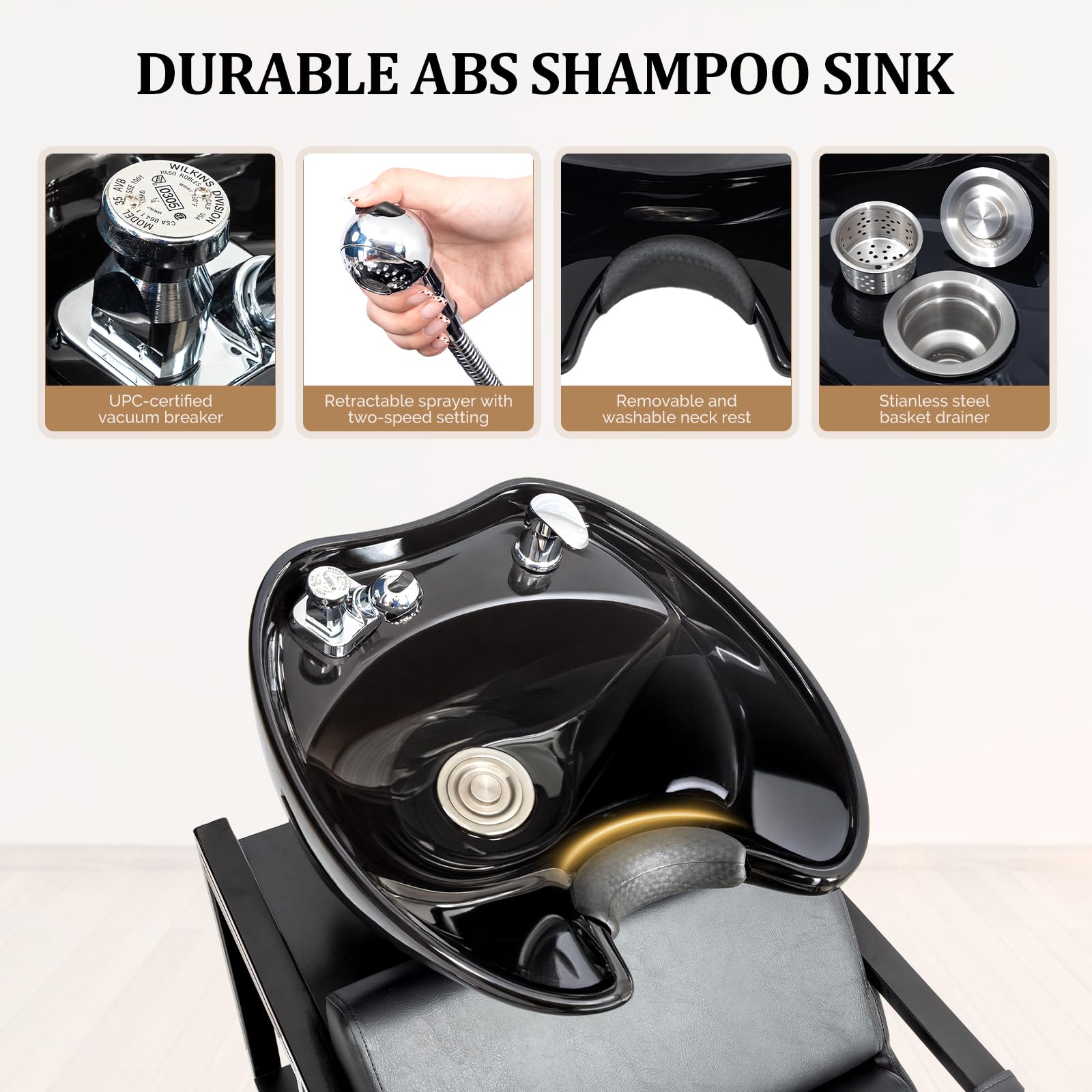 OmySalon BU2201 Salon Shampoo Backwash Chair Unit with Tilting Ceramic Bowl & Storage Shelf