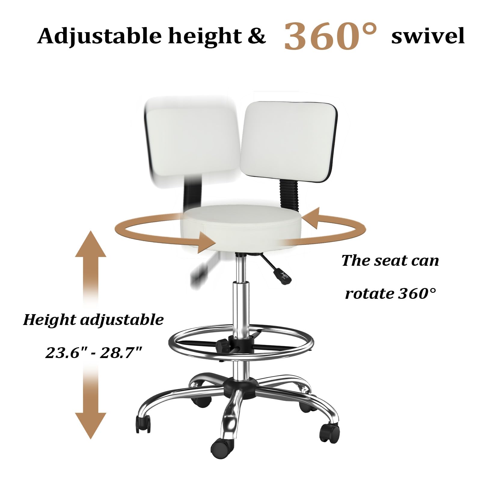 OmySalon Adjustable Thick Seat Cushion Rolling Stool with Back Support & Footrest