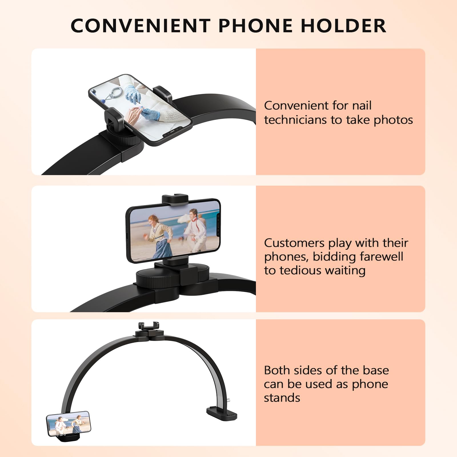 OmySalon 29" Foldable Shadowless Half Moon LED Nail Lamp with 3000-6500K Adjustable Color Temperature, Stepless Dimming & Phone Holder