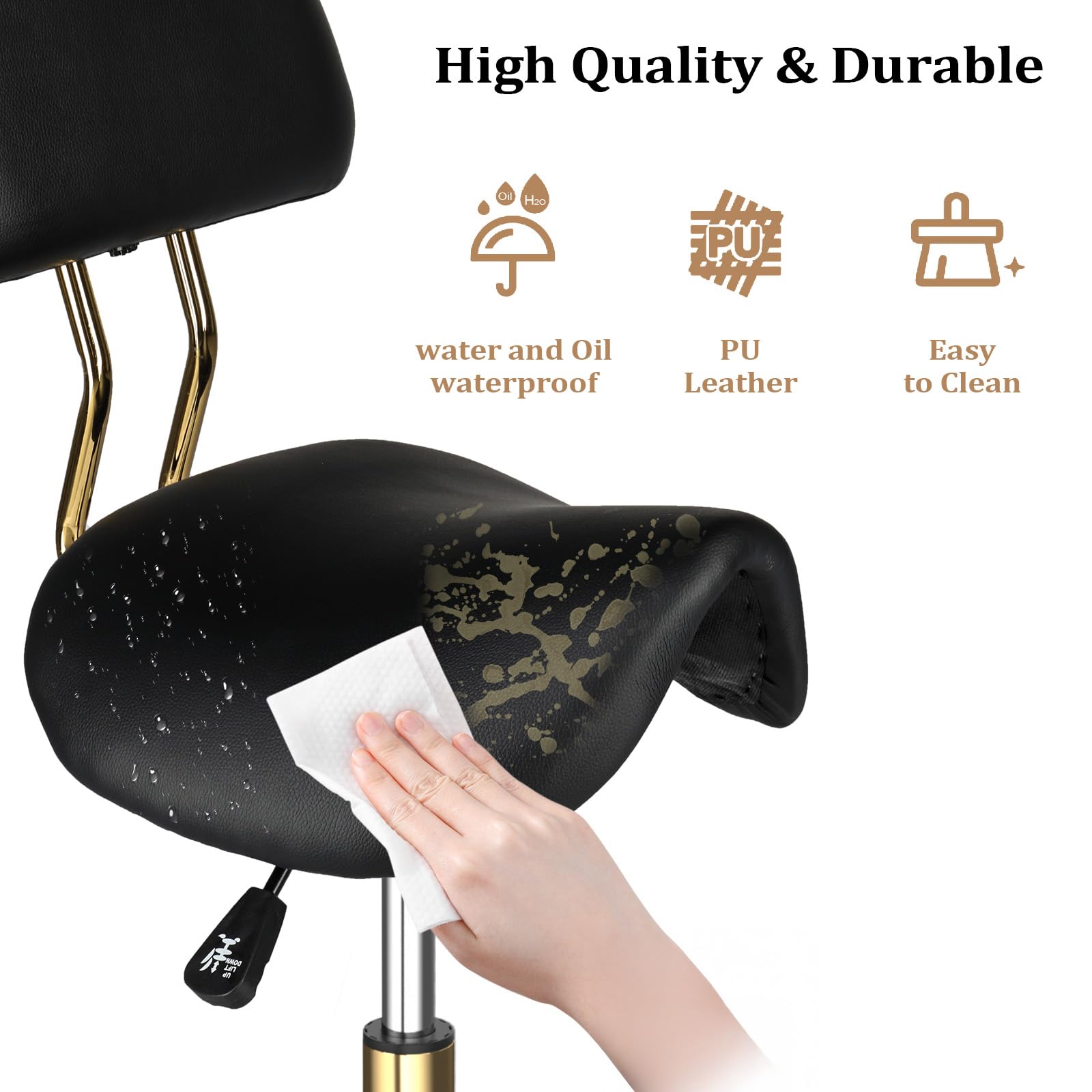 OmySalon Hydraulic Adjustable Rolling Saddle Stool with Back Support