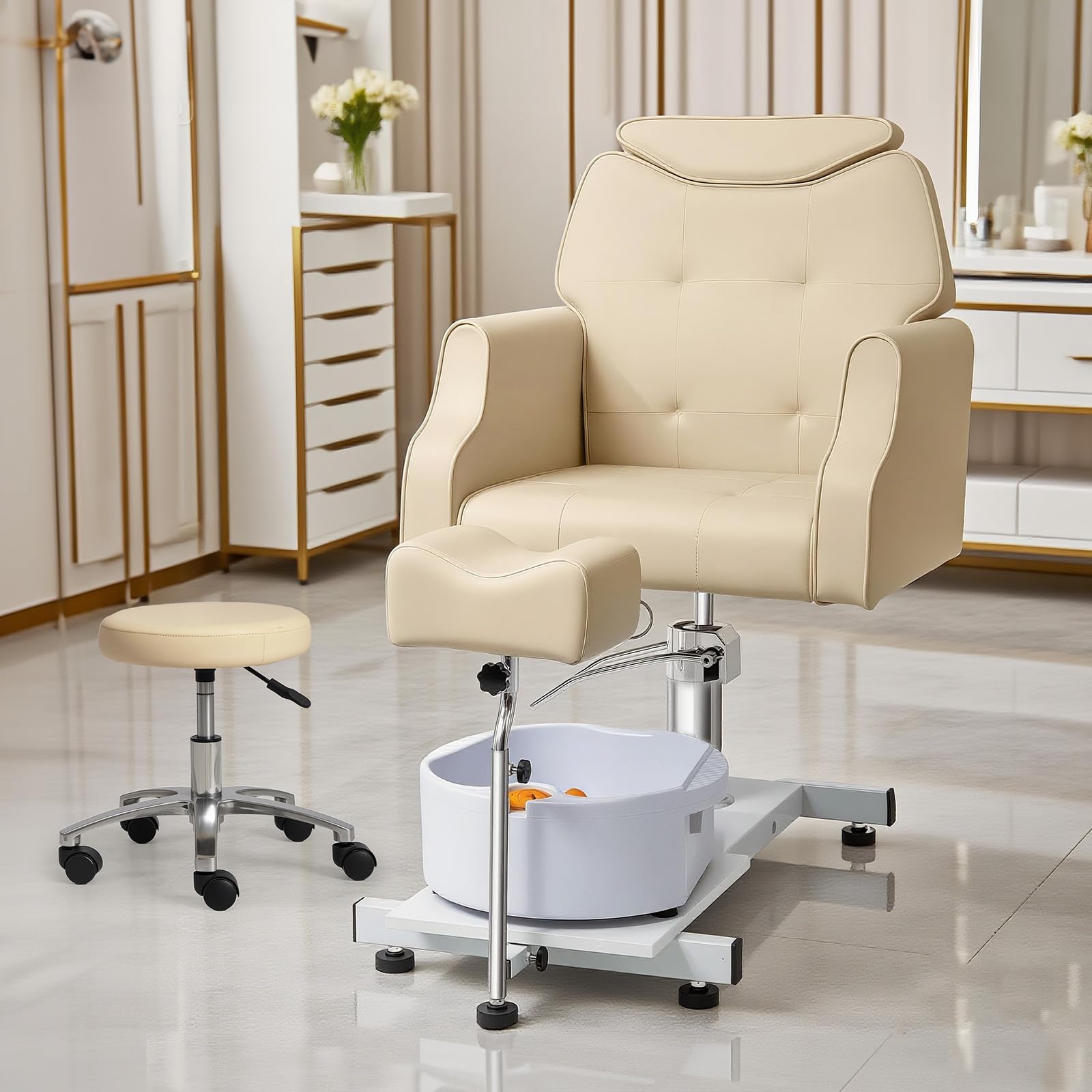 OmySalon PCM-WB 360° Rotation Hydraulic Pedicure Chair with Bubble Massage Foot Bath & Rolling Stool
