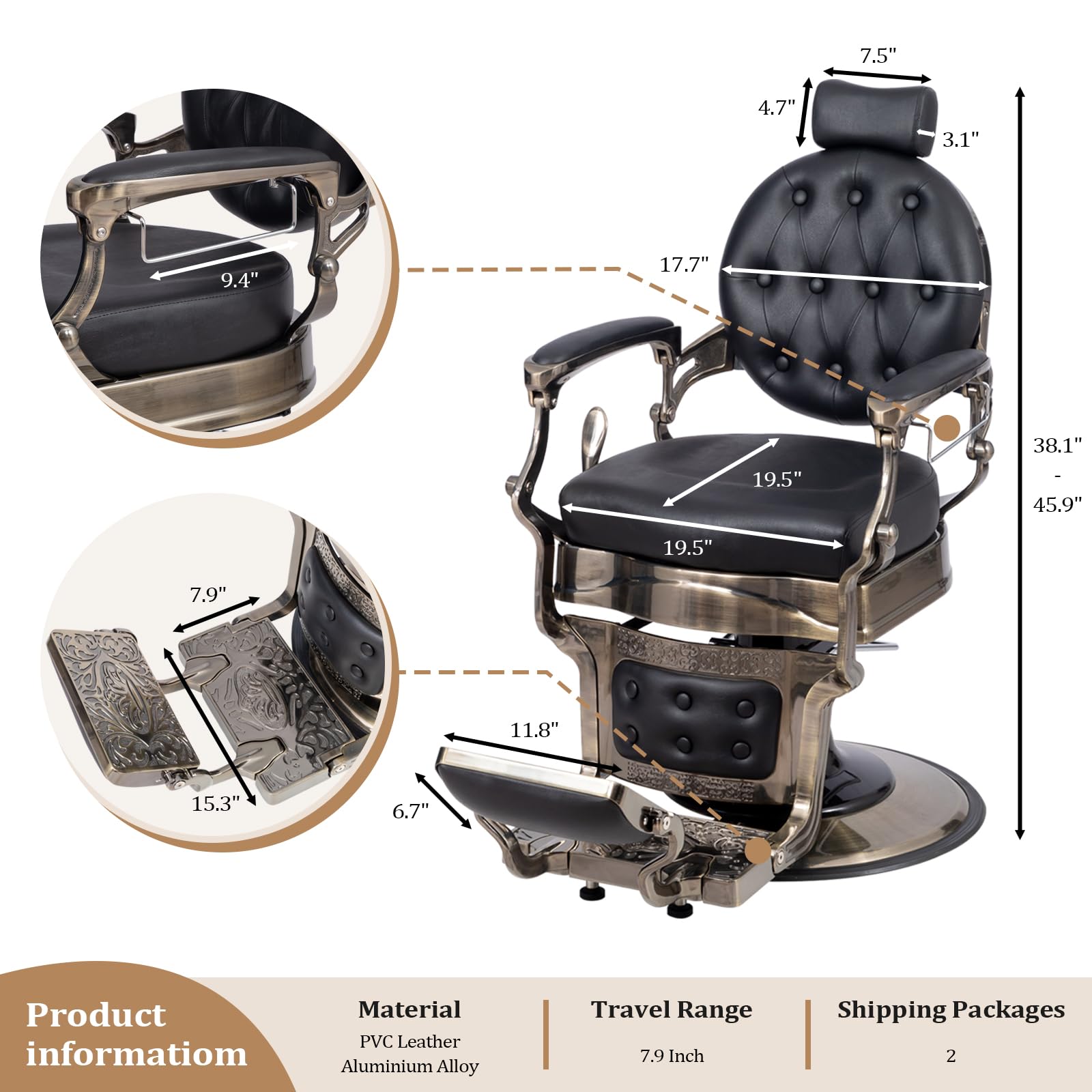 OmySalon BC1601 Vintage Style Heavy Duty Hydraulic Recline Barber Chair