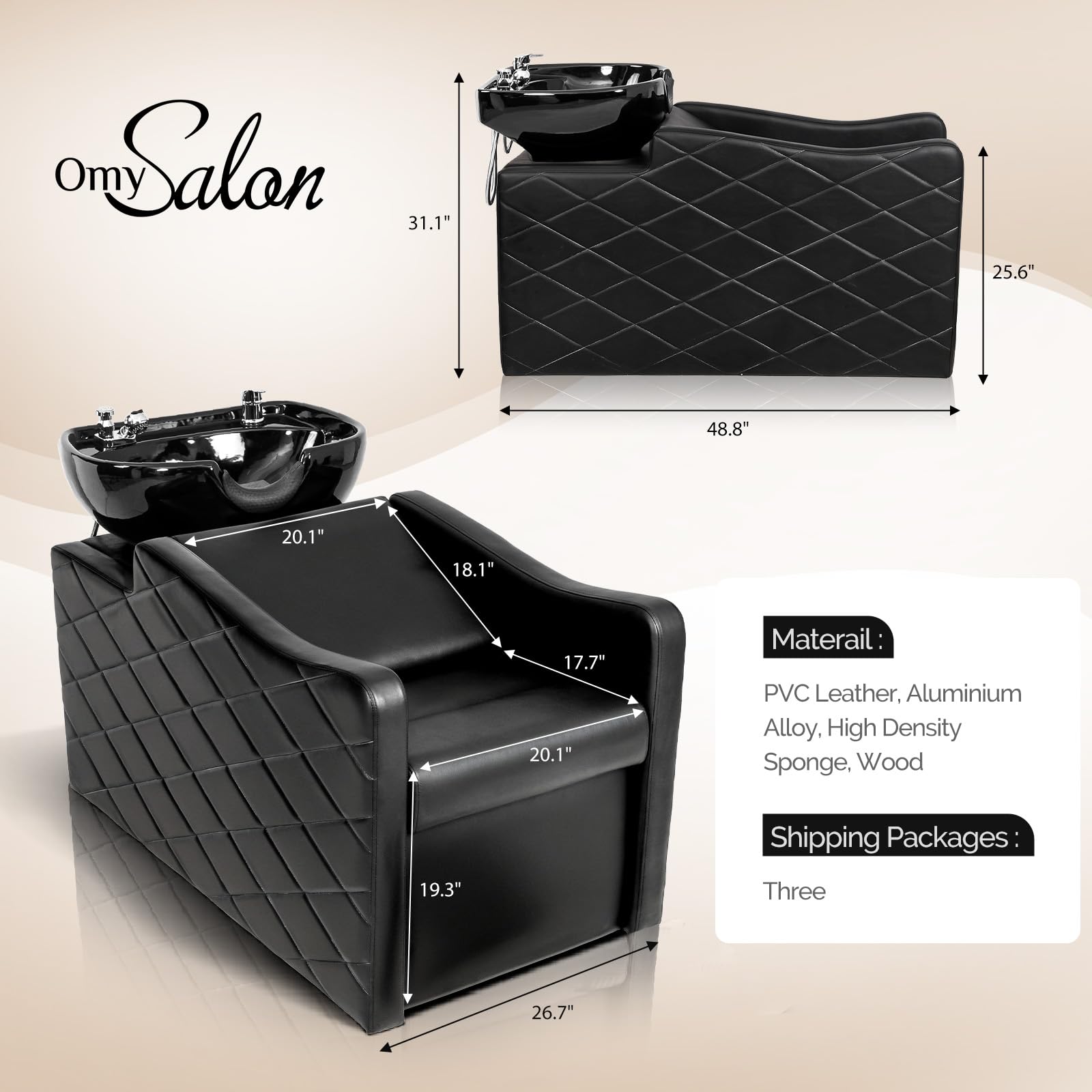 OmySalon BU1701 Salon Shampoo Bowl and Chair Backwash Unit with Large Ceramic Bowl & Freestanding Ottoman