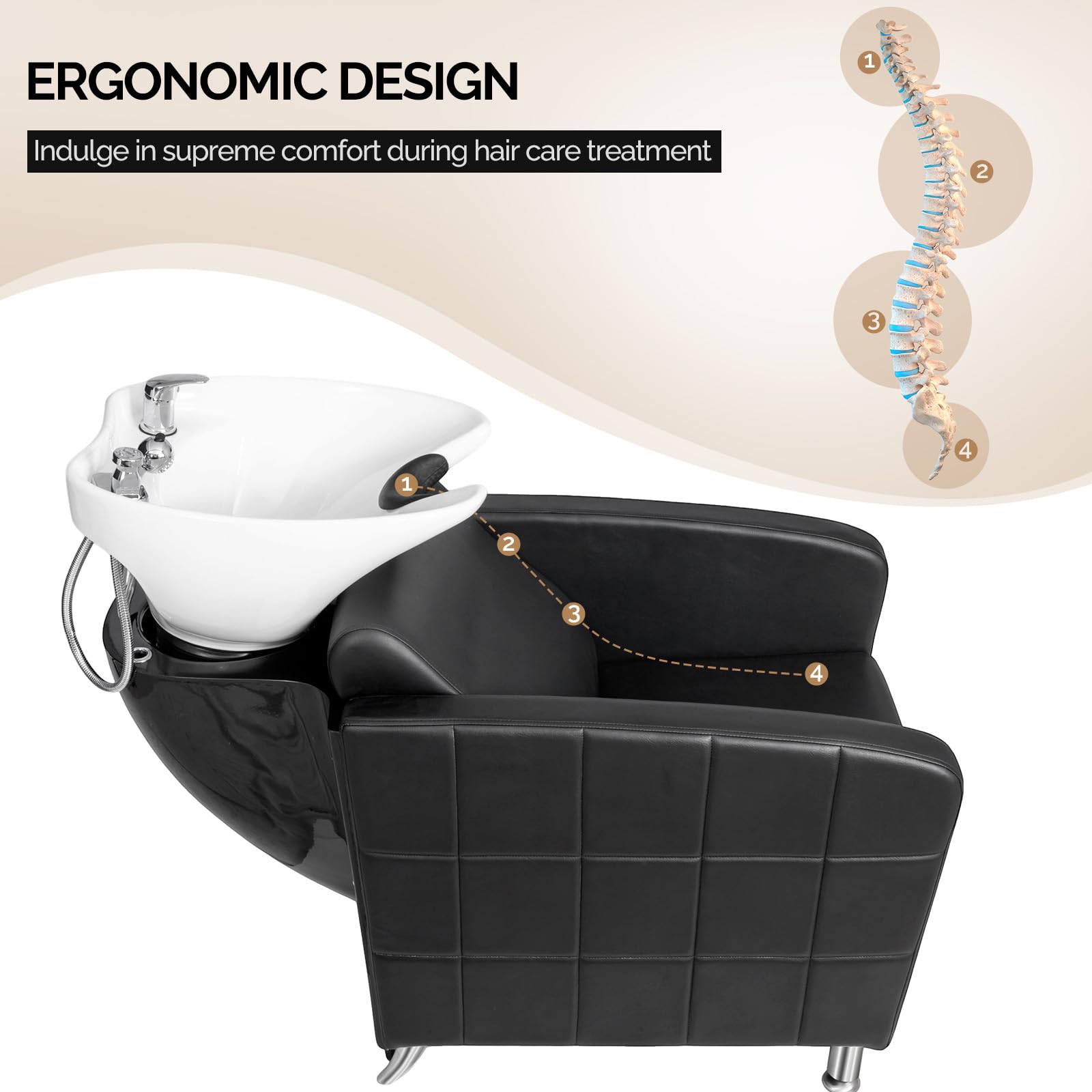 OmySalon BU1401 Salon Shampoo Bowl and Chair Backwash Unit with Extra Wide Seat & Porcelain Hair Washing Sink