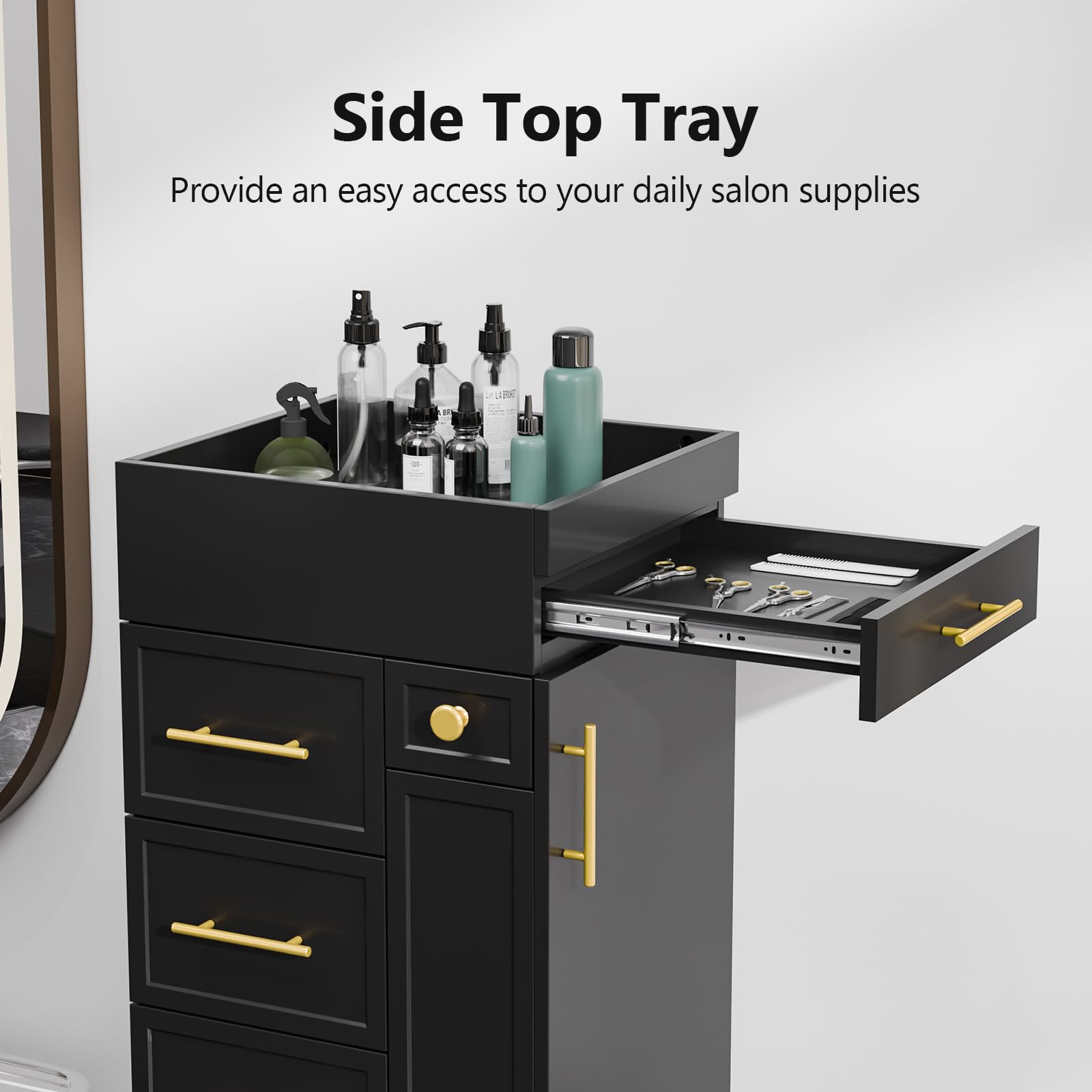 OmySalon SCFD Wooden Mobile Salon Trolley Cart w/Wheels & 5 Drawers 1 Cabinet 3 Tool Holders