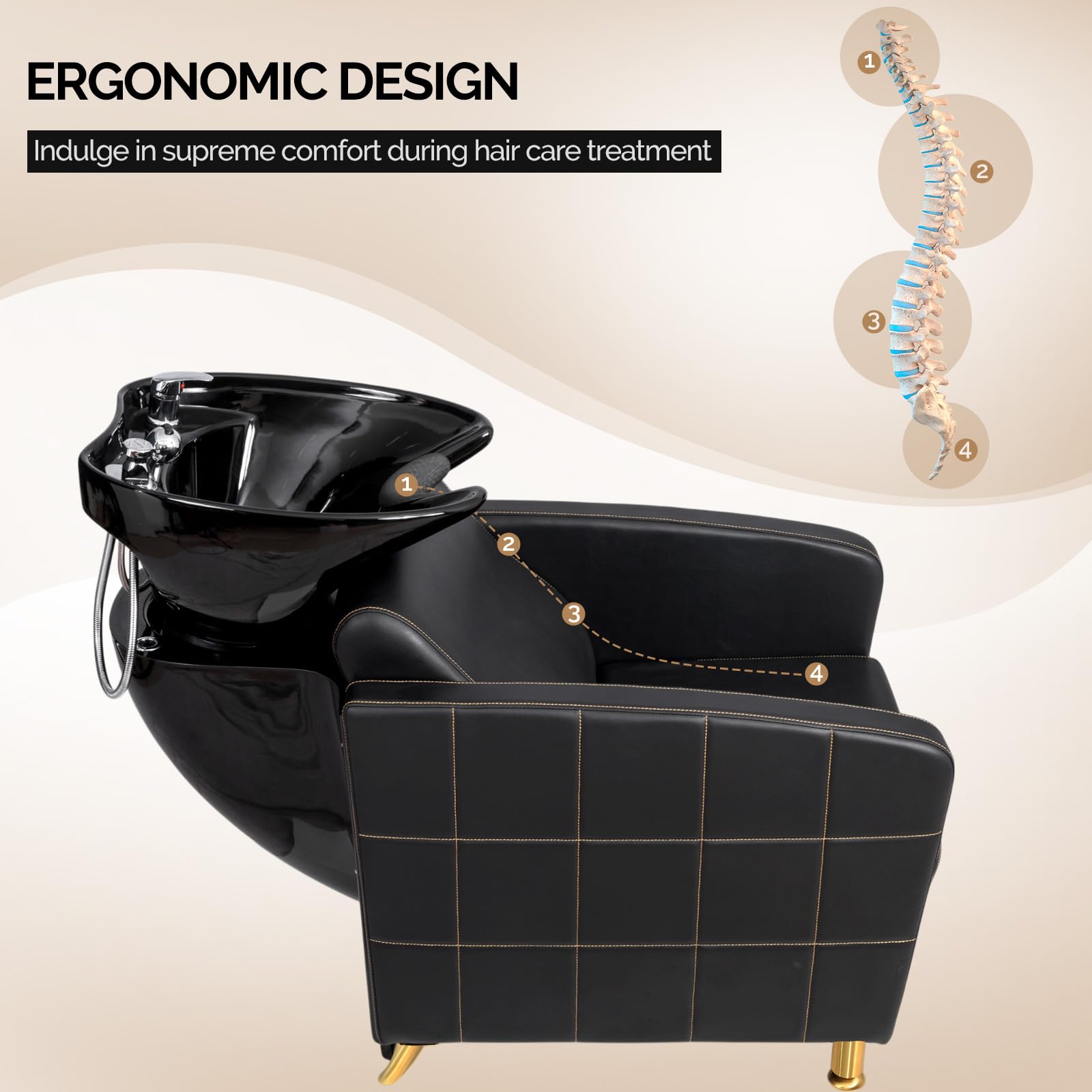 OmySalon BU1401 Salon Shampoo Bowl and Chair Backwash Unit with Extra Wide Seat & Porcelain Hair Washing Sink