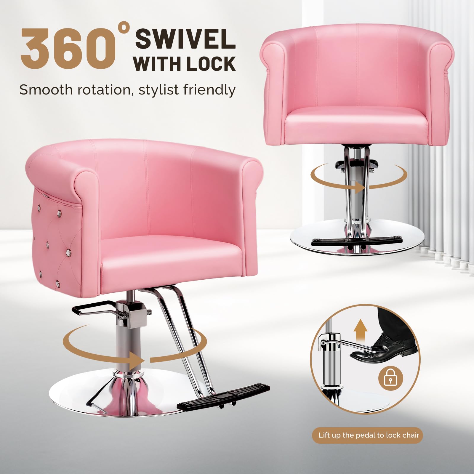 OmySalon SC3101 Modern Heavy Duty Hydraulic Swivel Hair Stylist Salon Chair w/Curved Backrest and Acrylic Button Accents