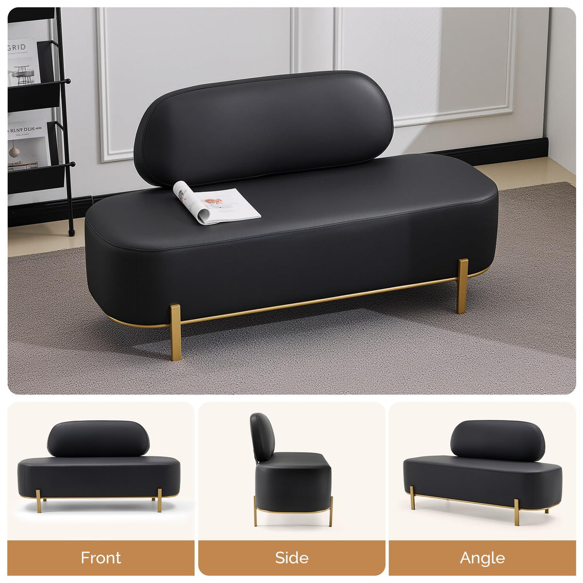 OmySalon WRB1801 55.1in Faux Leather Upholstered Waiting Room Reception Bench Chair with Backrest