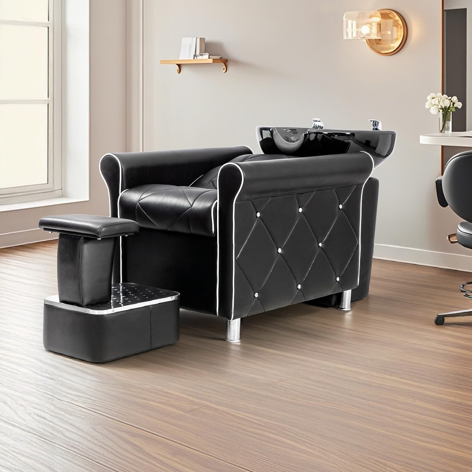 OmySalon BU1601 Salon Shampoo Bowl and Chair Backwash Unit with Large Porcelain Bowl & Independent Footrest